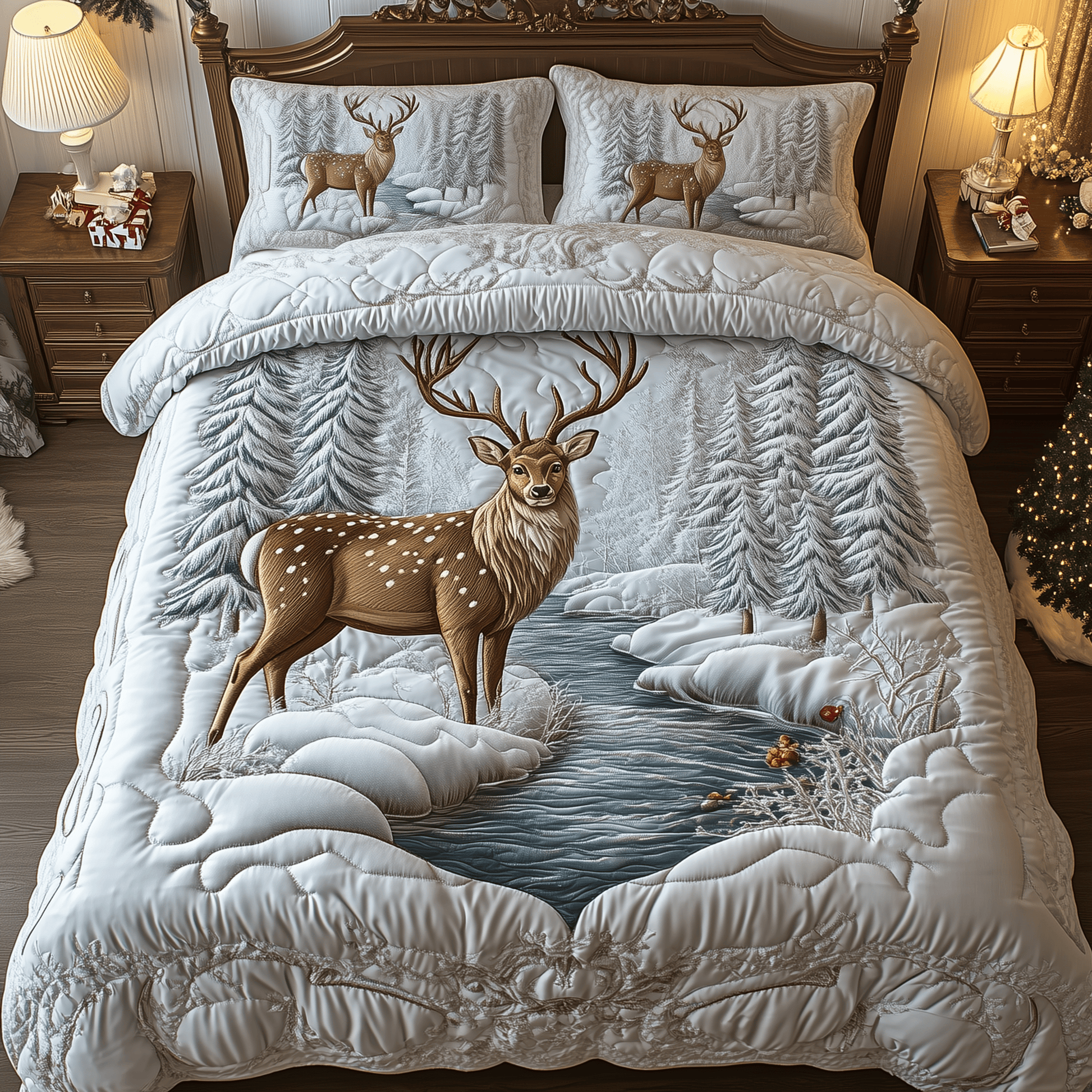 Deer Winter Wonderland Quilted Bedding Set Stay warm this winter Best Christmas Gifts For Mom - Bancroftclothings