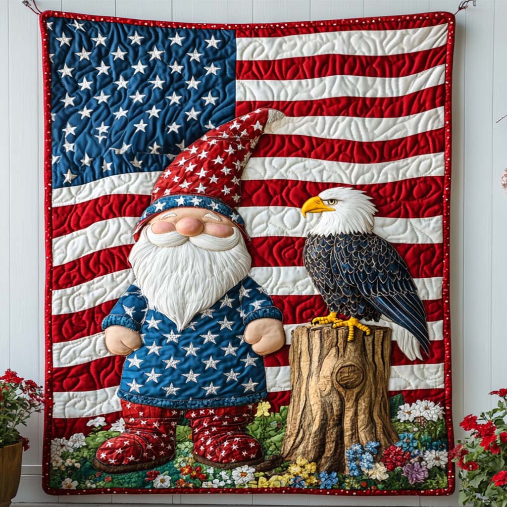 Eagle and Gnome Quilted Blanket Winter Decor Blanket Patriotic Themed Gifts - Bancroftclothings