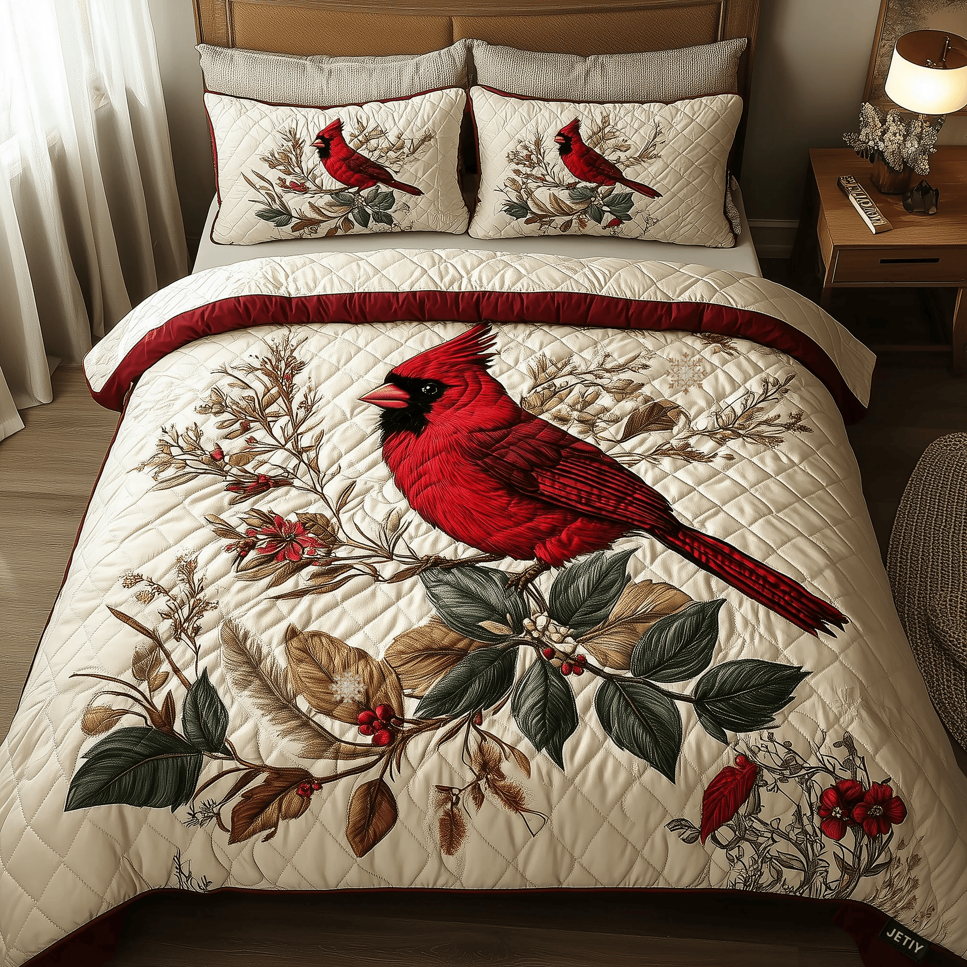 Elegant Red Cardinal Quilted Bedding Set Stay warm this winter Christmas Presents - Bancroftclothings