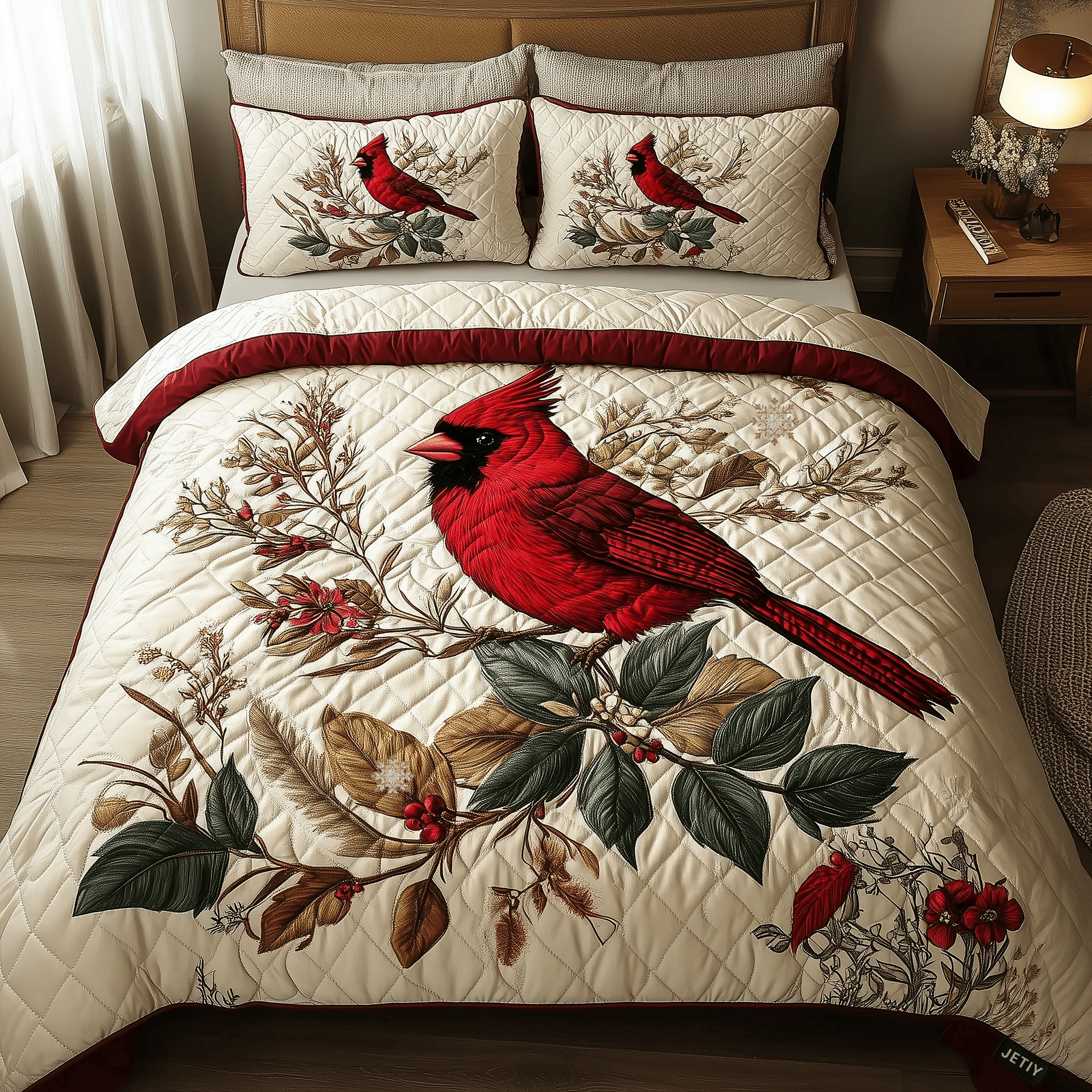 Elegant Red Cardinal Quilted Bedding Set Stay warm this winter Christmas Presents - Bancroftclothings