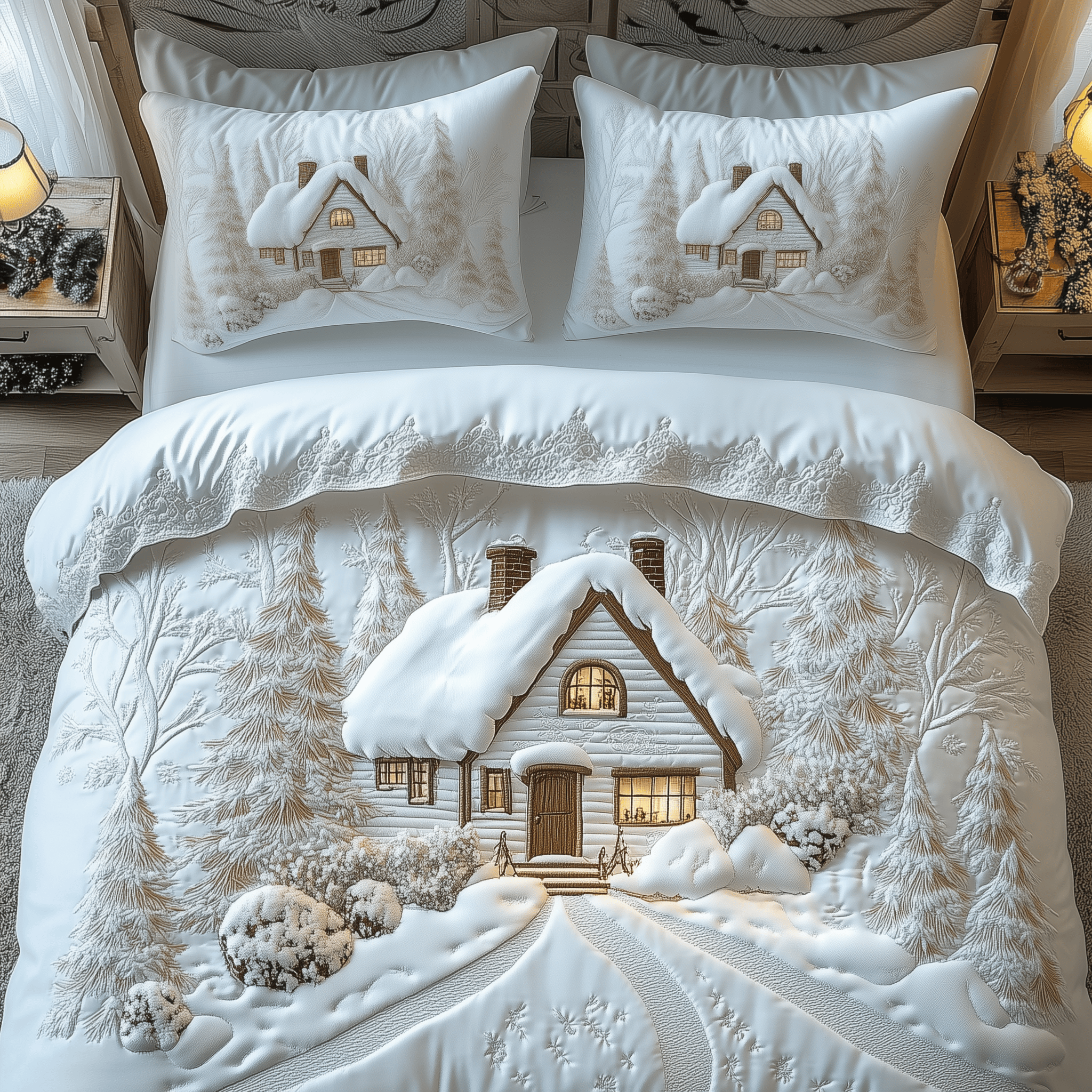 Elegant White Christmas Cabin Quilted Bedding Set Best Stocking Stuffers For Men - Bancroftclothings