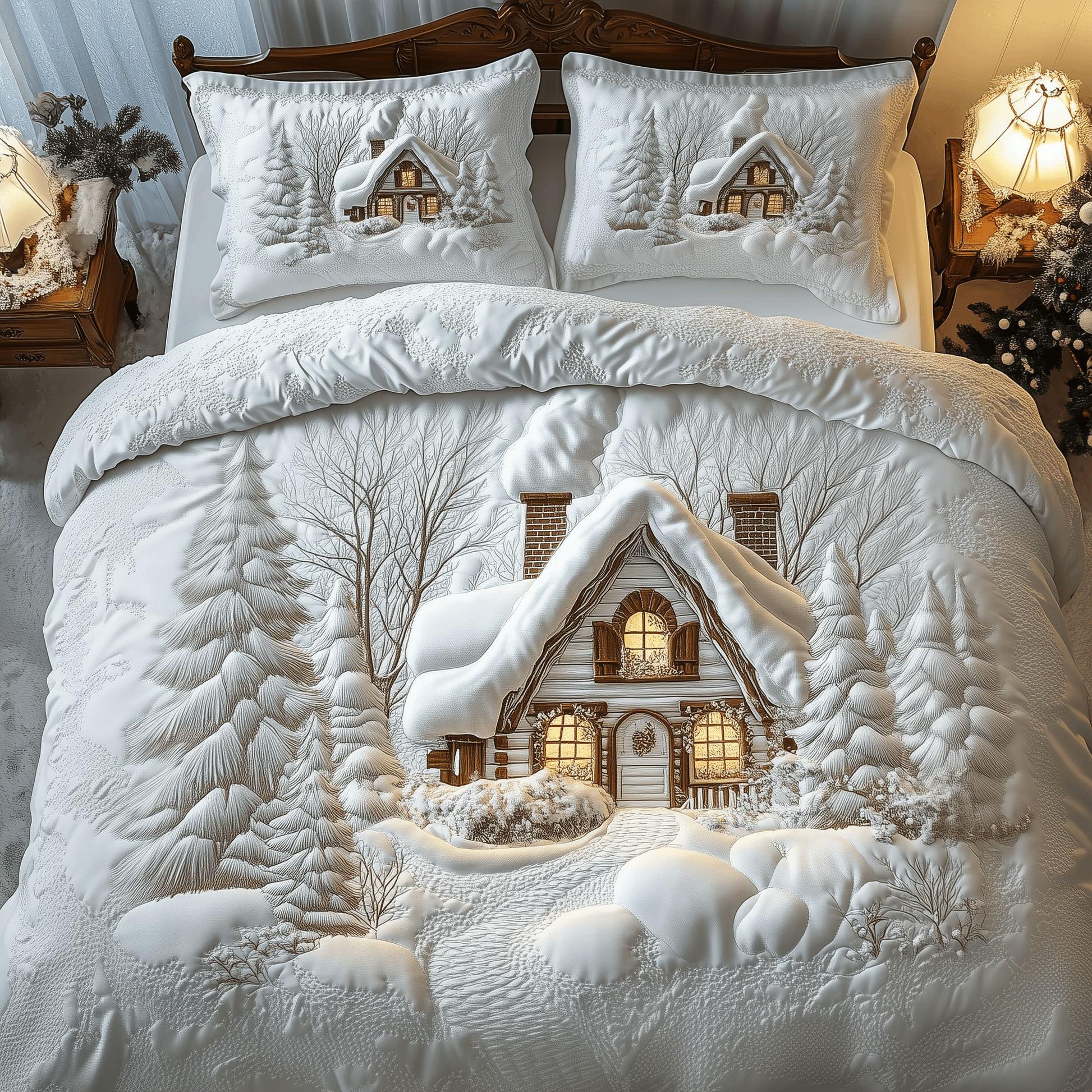 Elegant White Christmas Cabin Quilted Bedding Set Christmas Presents For Boyfriend - Bancroftclothings