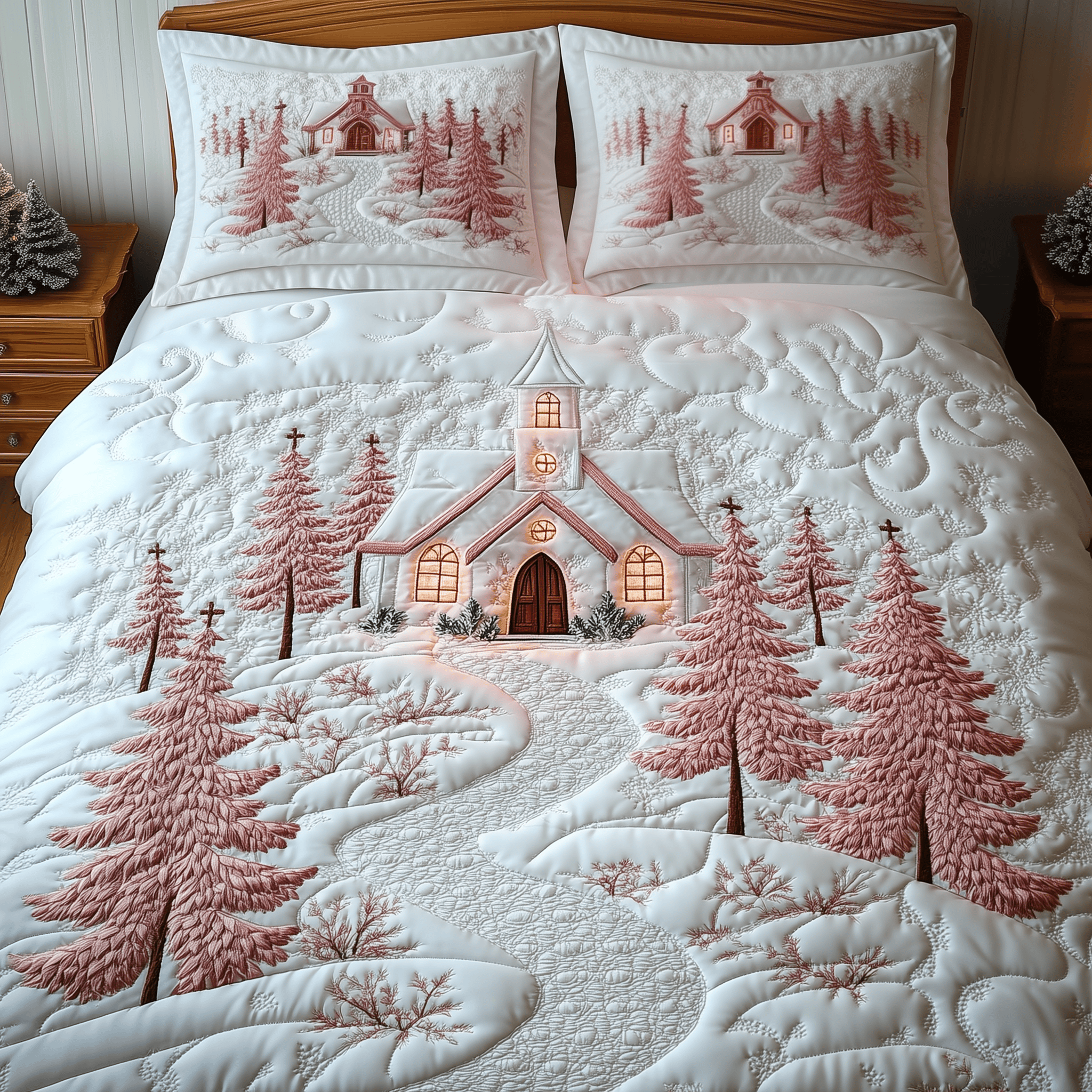 Elegant White Christmas Cabin Quilted Bedding Set Stay warm this winter Holiday Gifts For Employees - Bancroftclothings