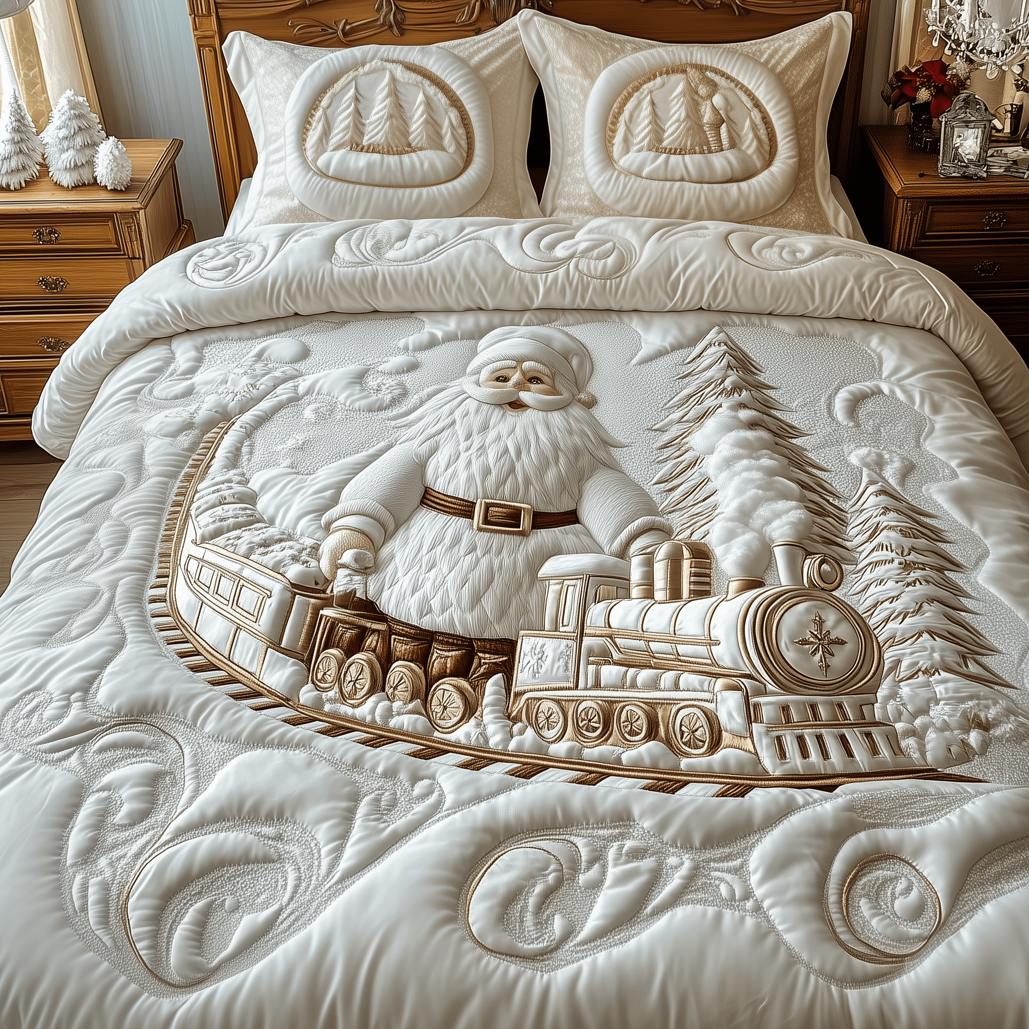 Elegant White Santa Claus Quilted Bedding Set Stay warm this winter Best Christmas Gifts For Mom - Bancroftclothings