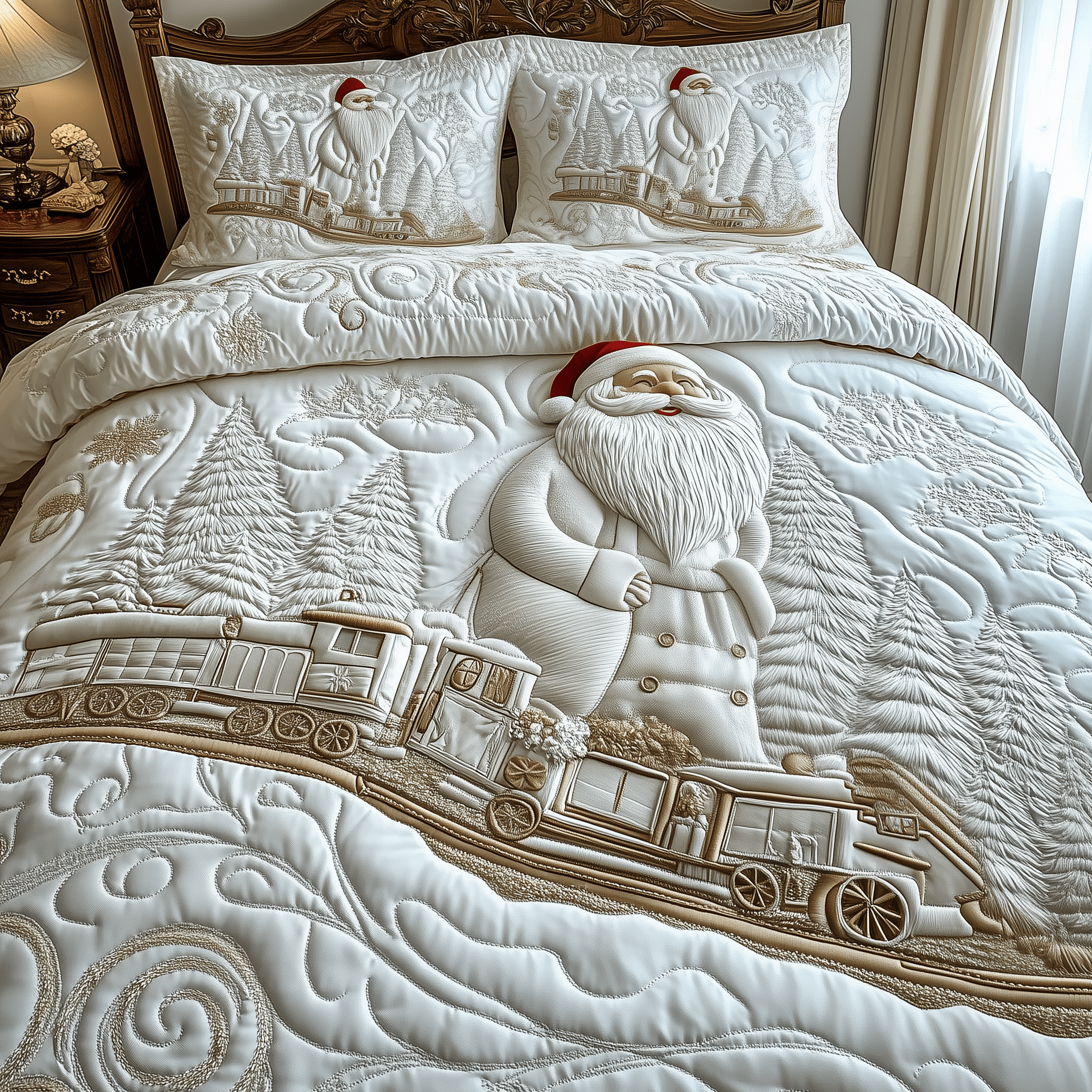 Elegant White Santa Claus Quilted Bedding Set Stay warm this winter Christmas Gifts For Grandma - Bancroftclothings