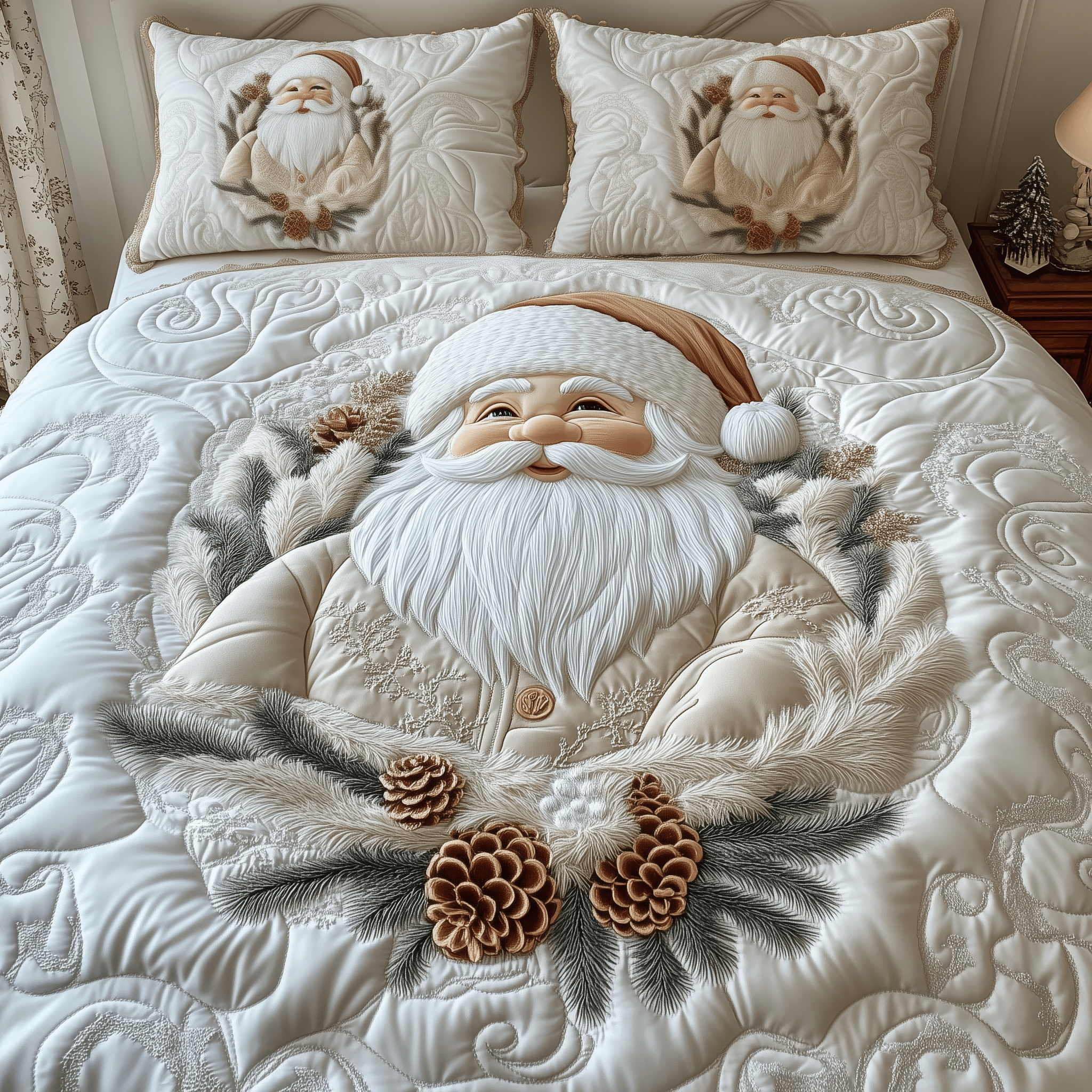 Elegant White Santa Claus Quilted Bedding Set Stay warm this winter Christmas Ideas For Girlfriend - Bancroftclothings