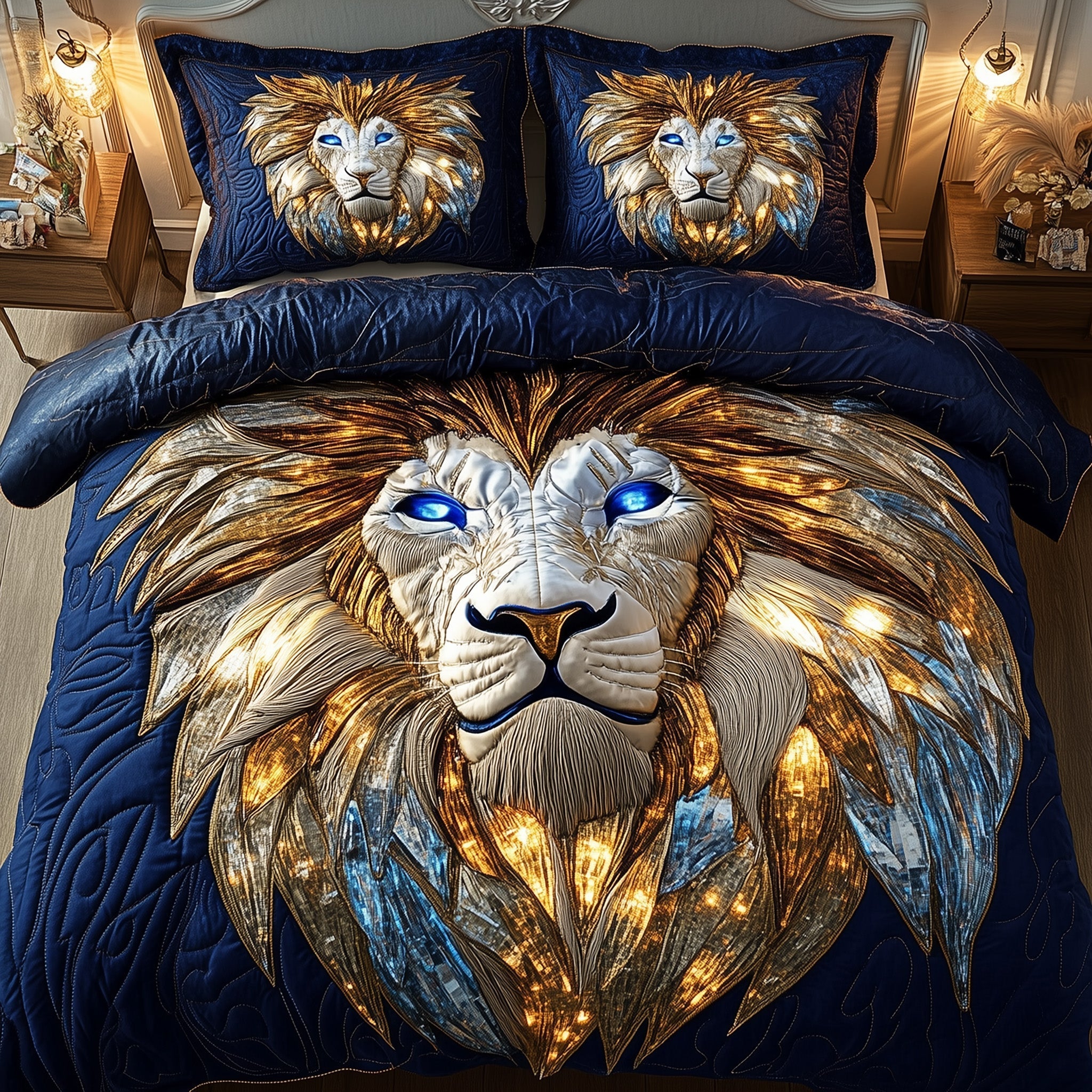 Elemental Lion Quilted Bedding Set Jungle King Theme Unique Bedroom Gifts For Lion Lovers - Bancroftclothings