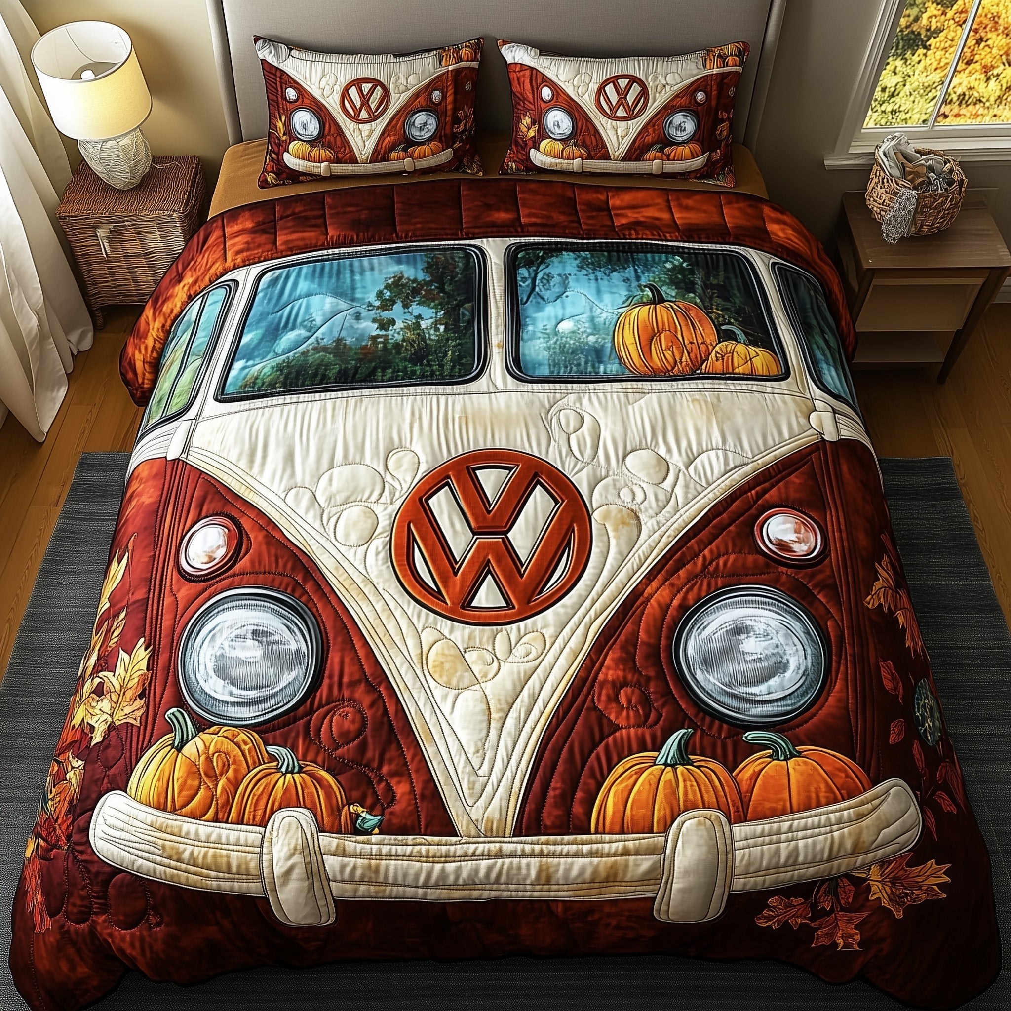 Fall Foliage Camper Quilted Bedding Set Pumpkin Bus Home Decor Best Bedding Gifts - Bancroftclothings