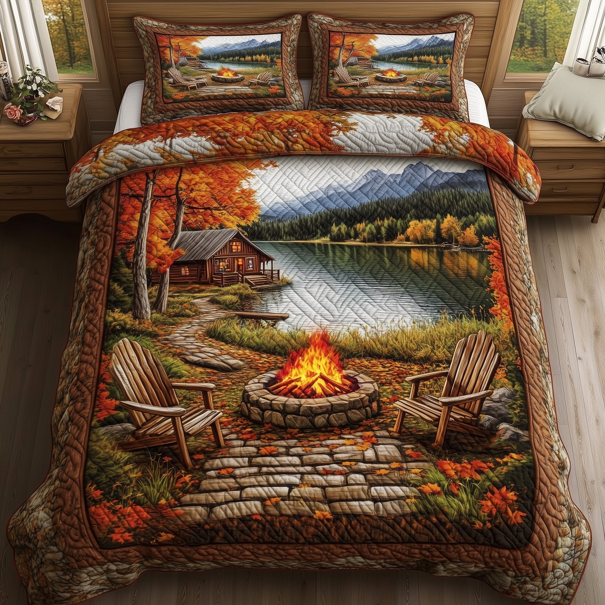 Fall Forest Retreat Pumpkin Quilted Bedding Set Cozy Campfire Vibes Nature Lovers Presents - Bancroftclothings