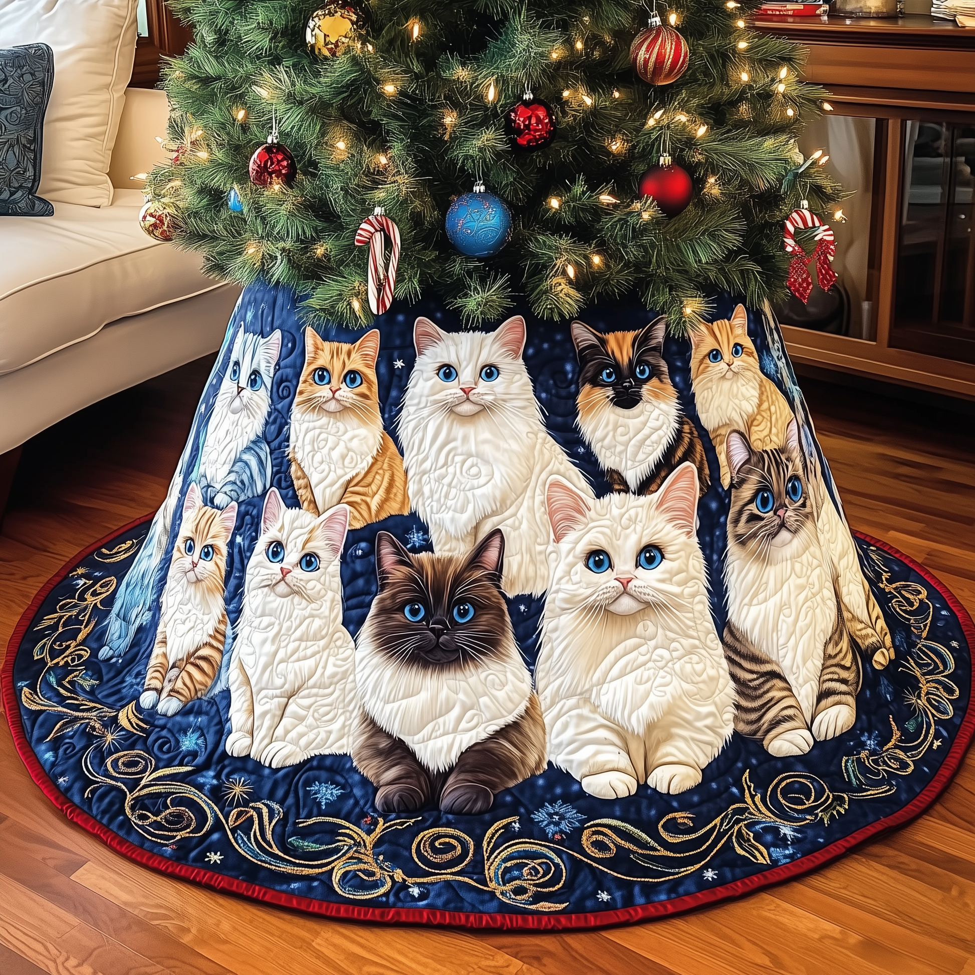 Festive Cat Quilted Tree Skirt Xmas Tree Surround Christmas Cat Indoor Decorations Presents - Bancroftclothings