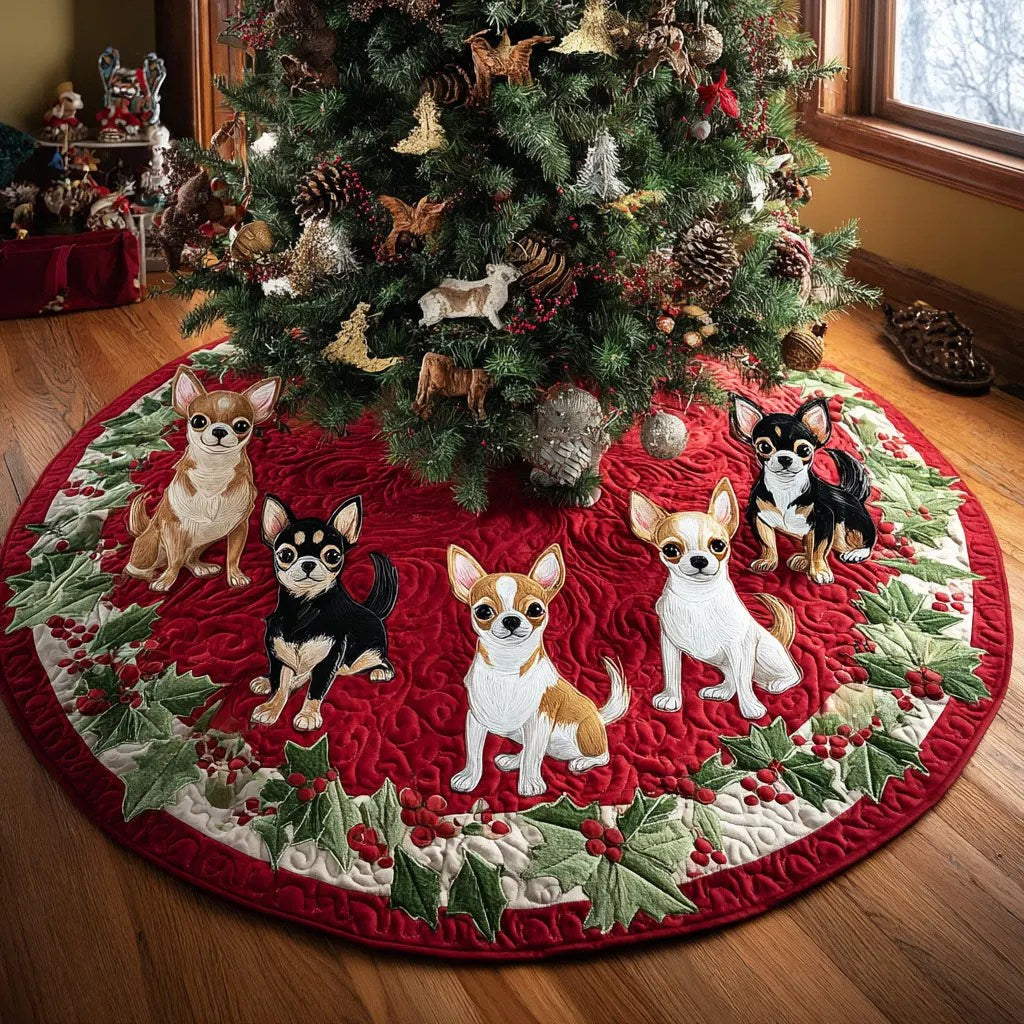 Festive Chihuahua Quilted Christmas Tree Skirt Charming Tree Skirt for Family Gatherings Thoughtful Christmas Tree Skirt Gift Idea Magical Christmas Tree Skirt to Impress Guests - Bancroftclothings