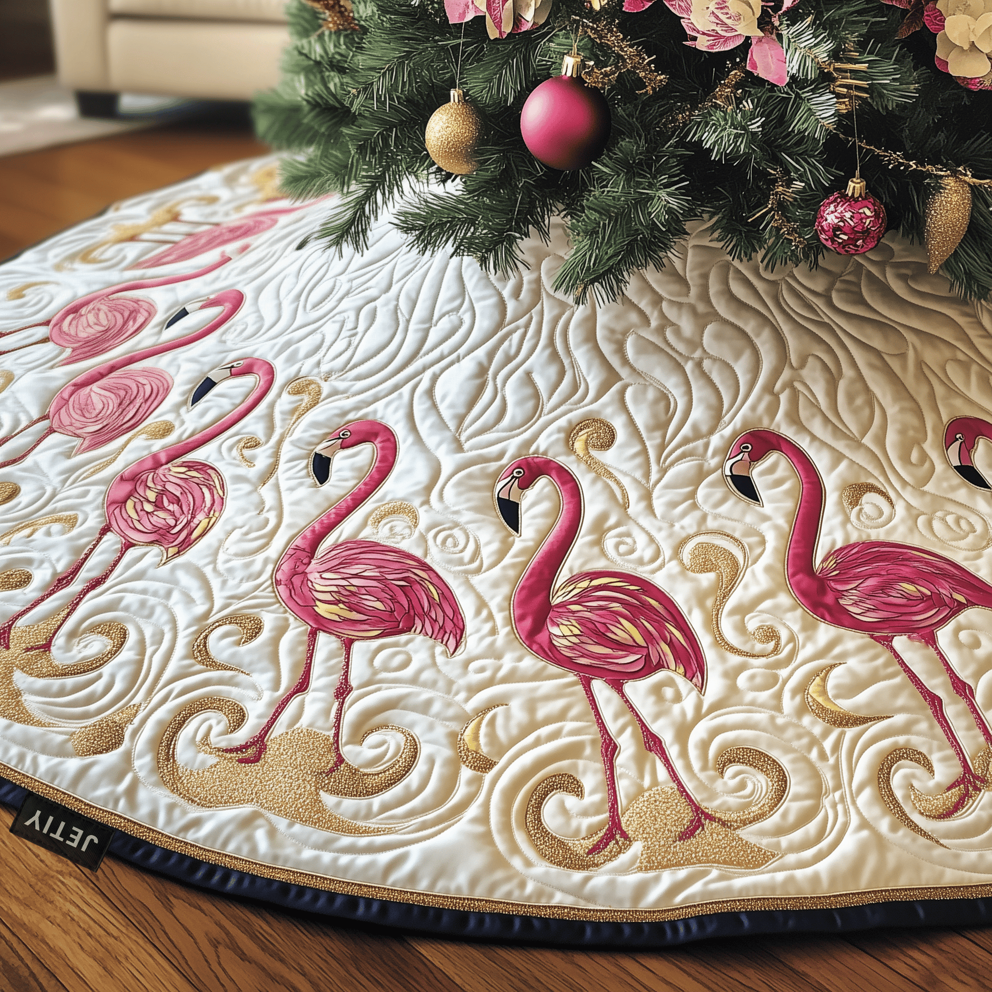 Festive Flamingo Quilted Tree Skirt Celebrate the Joy of Christmas with Worry-Free Decor - Bancroftclothings