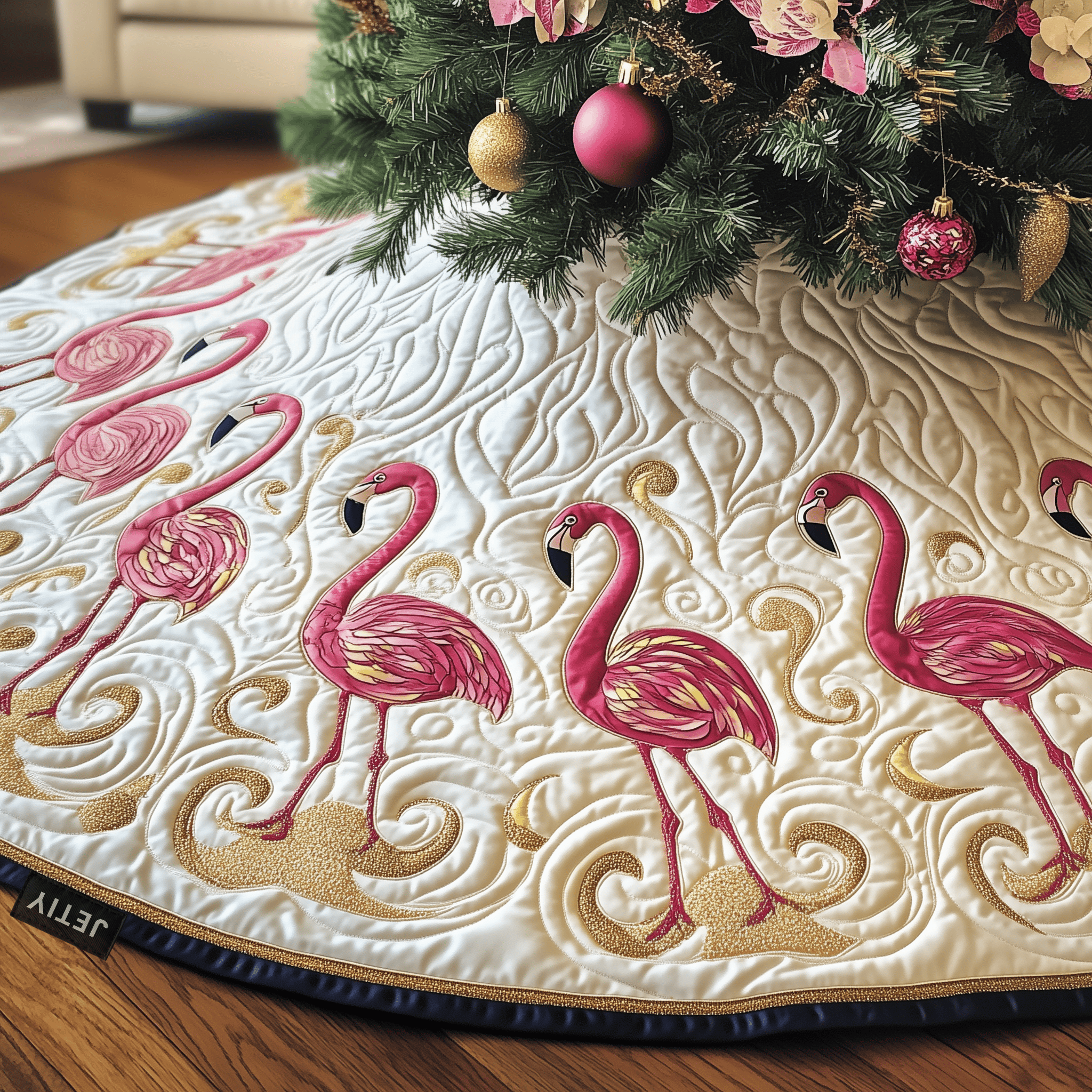 Festive Flamingo Quilted Tree Skirt Celebrate the Joy of Christmas with Worry-Free Decor - Bancroftclothings