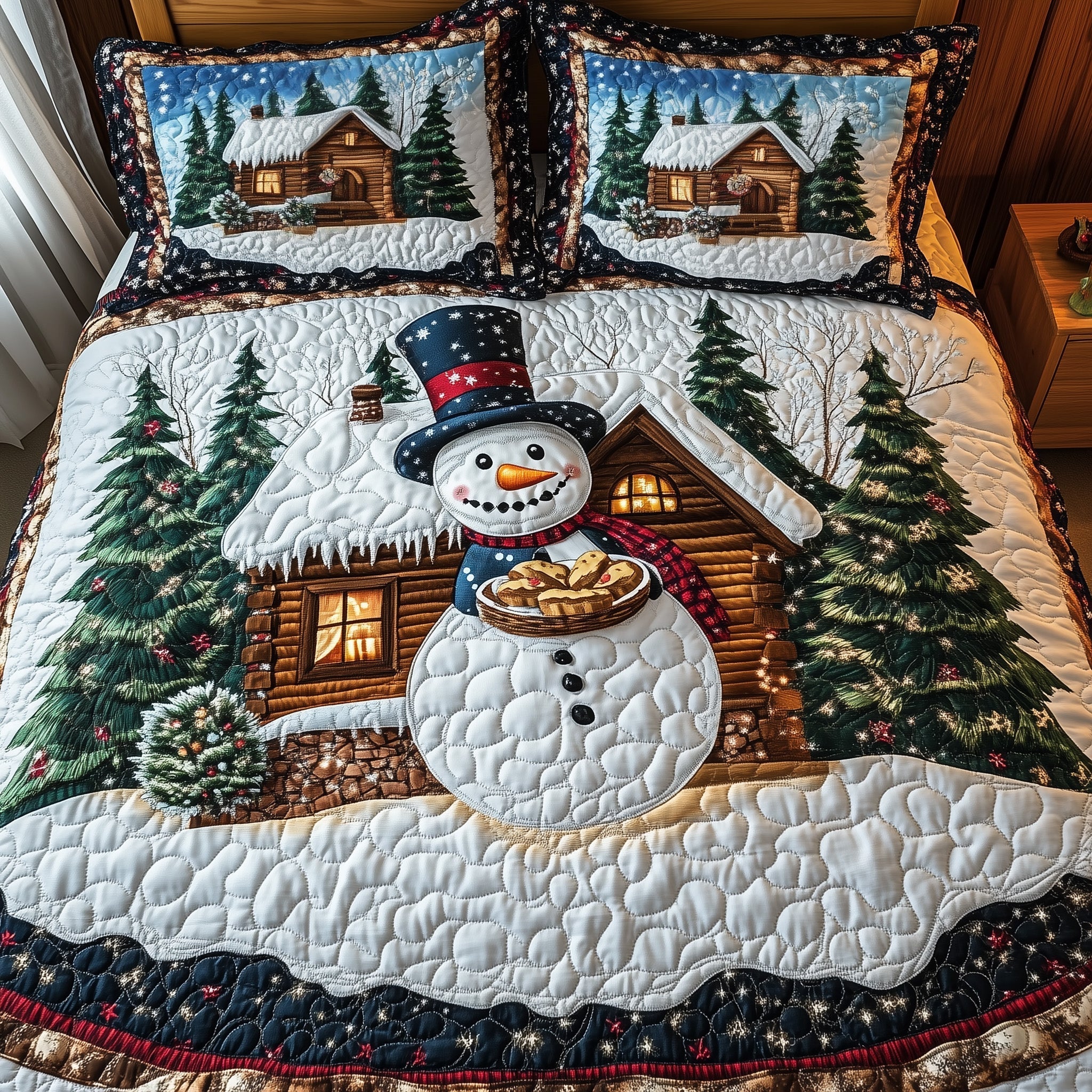 Festive Forest Cottage Cabin Quilted Bedding Set Snowman Party Best Bedding Gifts - Bancroftclothings