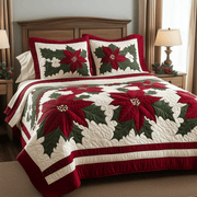 Festive Poinsettia Quilted Bedding Set Christmas Gifts For Siblings - Bancroftclothings