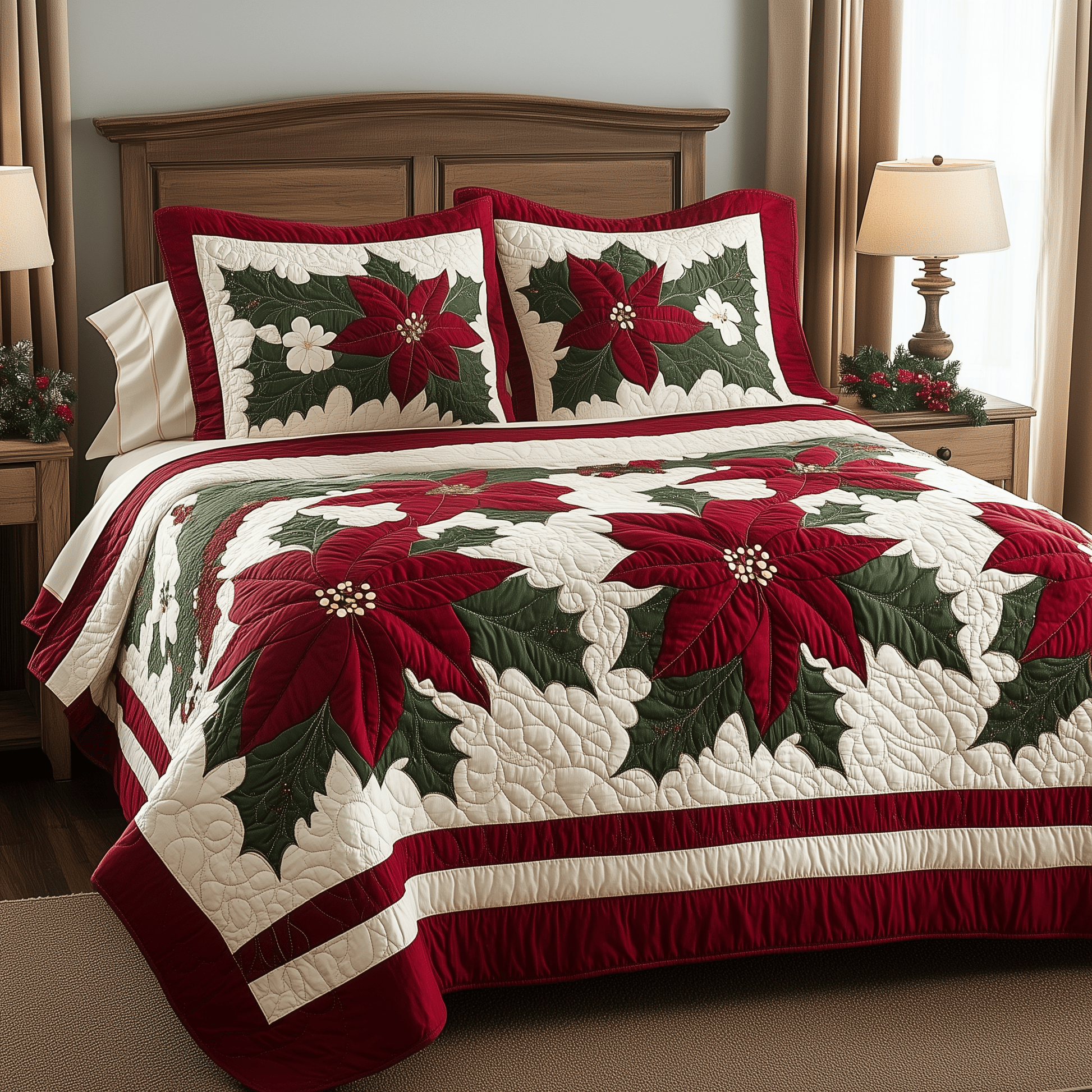 Festive Poinsettia Quilted Bedding Set Christmas Gifts For Siblings - Bancroftclothings