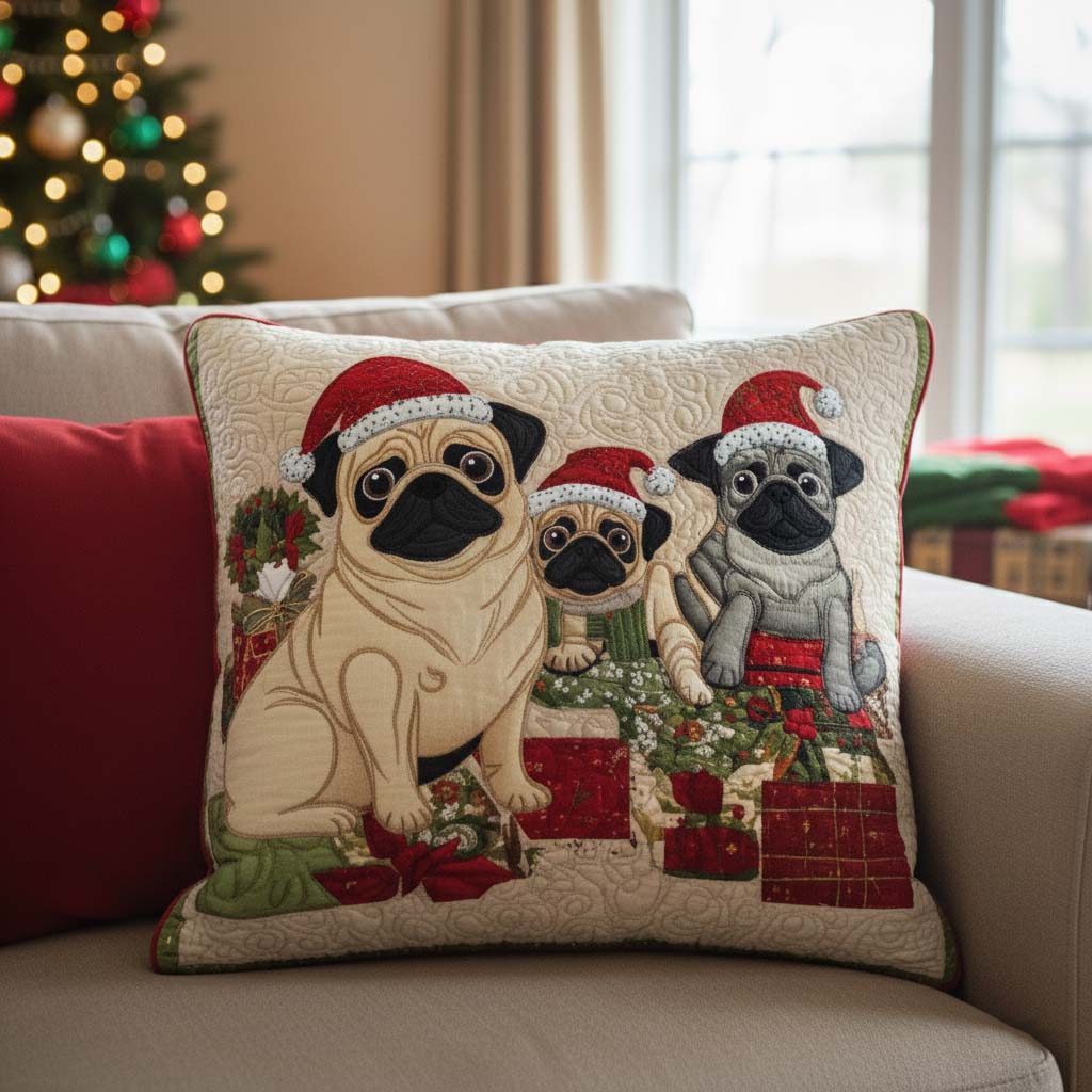 Festive Pug Trio Quilted Pillow Case Holiday Pillow Case Christmas Gifts For Dog Lovers - Bancroftclothings