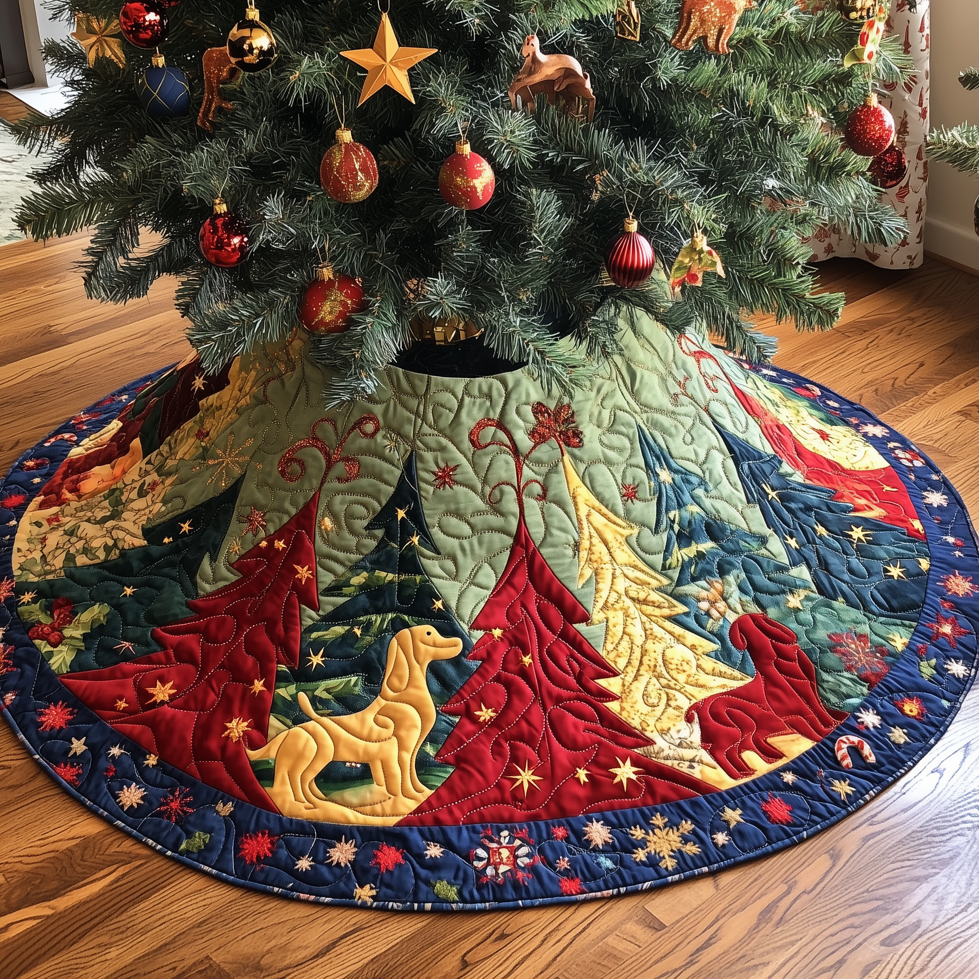 Festive Tree Christmas Quilted Tree Skirt Xmas Surround Tree Base Cover Indoor Home Holiday Decorations - Bancroftclothings