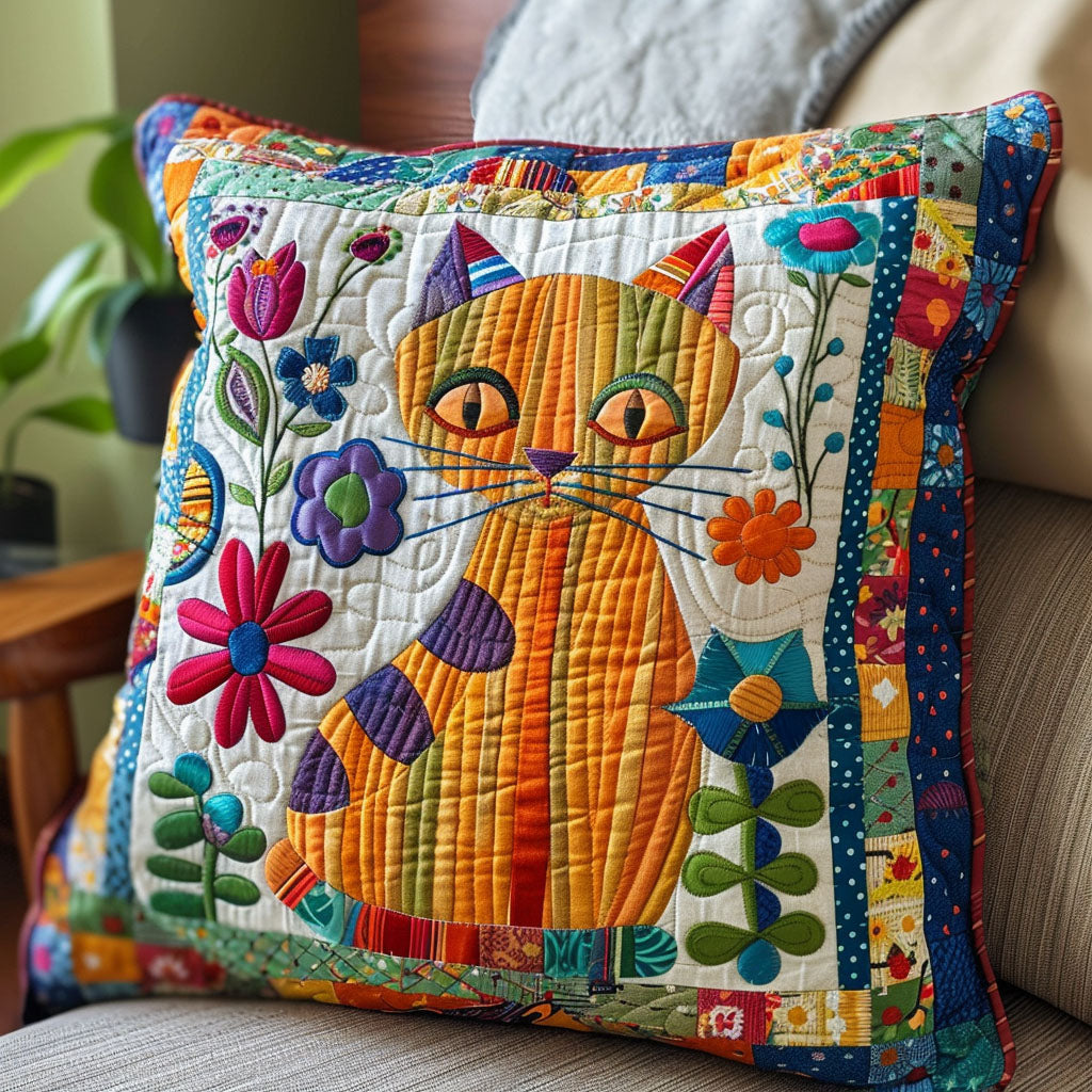 Floral Cat Parade Quilted Pillow Case Cat Themed Trendy Home Decor Gifts For Pet Lover - Bancroftclothings