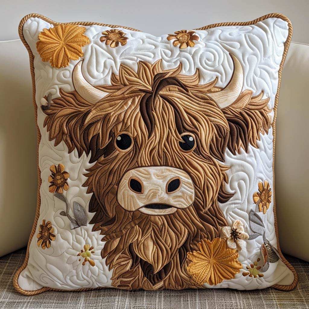 Fluffy Highland Cow Quilted Pillow Case Animal Home Decor Gifts For Cow Lovers - Bancroftclothings
