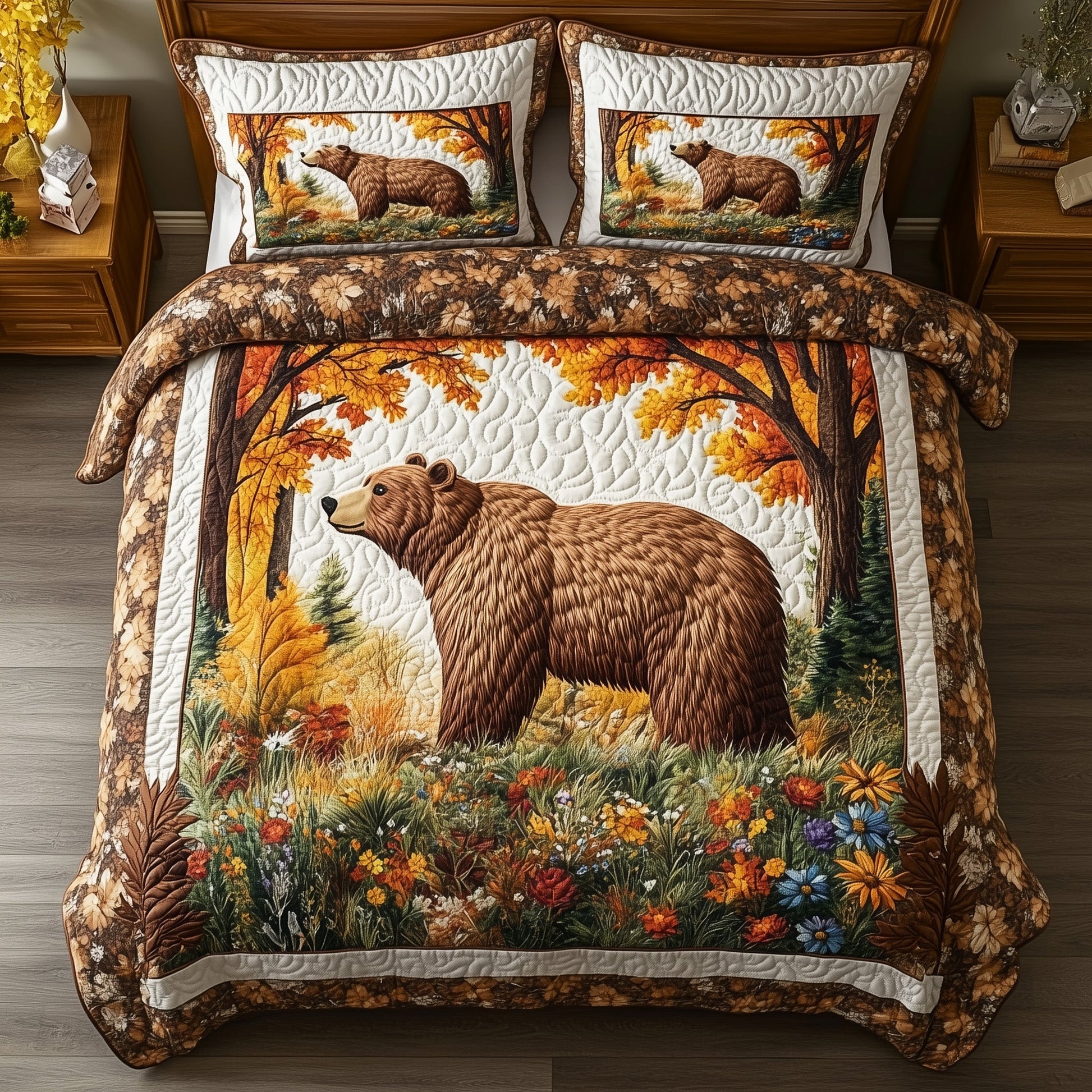 Forest Bear Quilted Bedding Set Cozy Autumn Forest Vibes Decor Best Wildlife Bedroom Gifts - Bancroftclothings