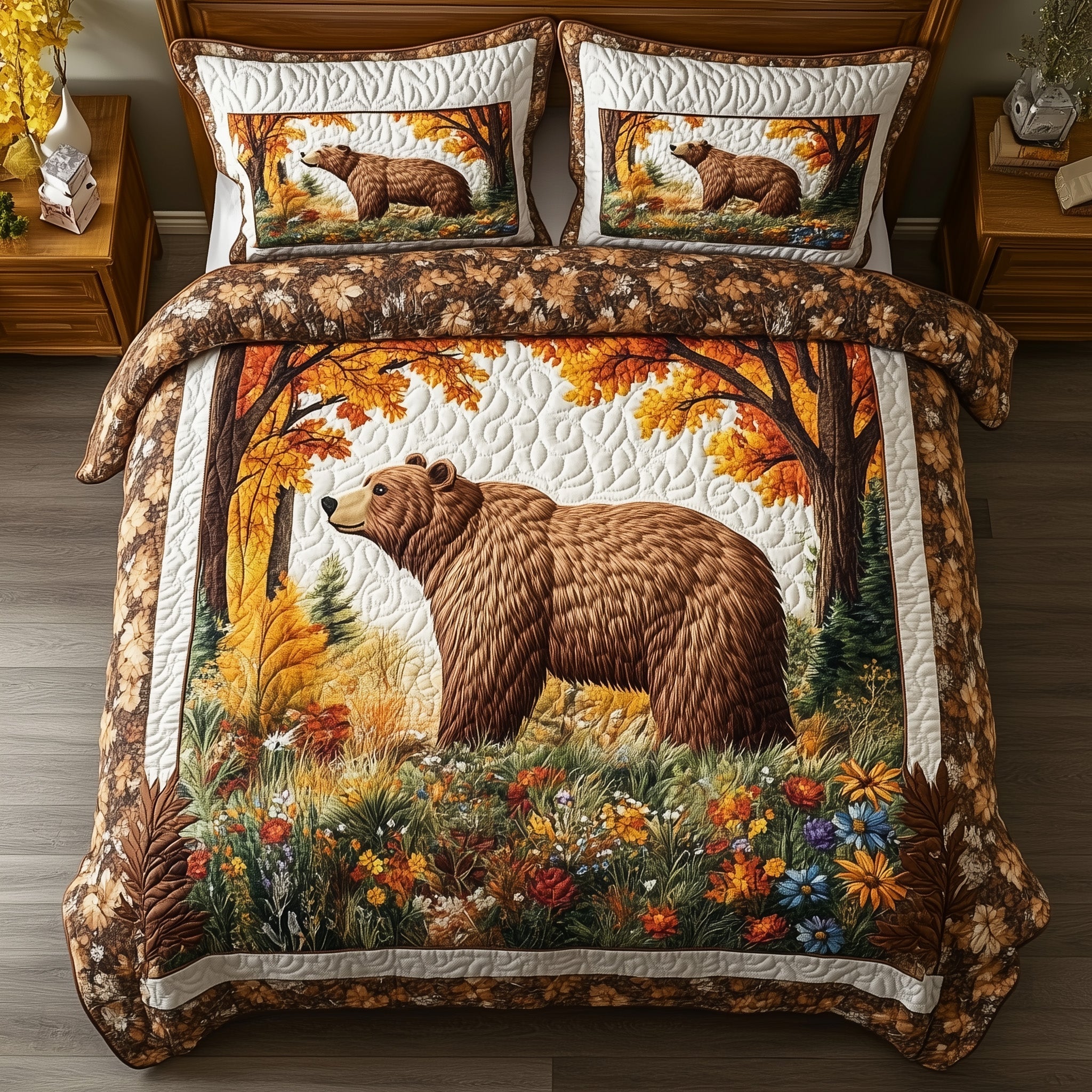 Forest Bear Quilted Bedding Set Cozy Autumn Forest Vibes Decor Best Wildlife Bedroom Gifts - Bancroftclothings