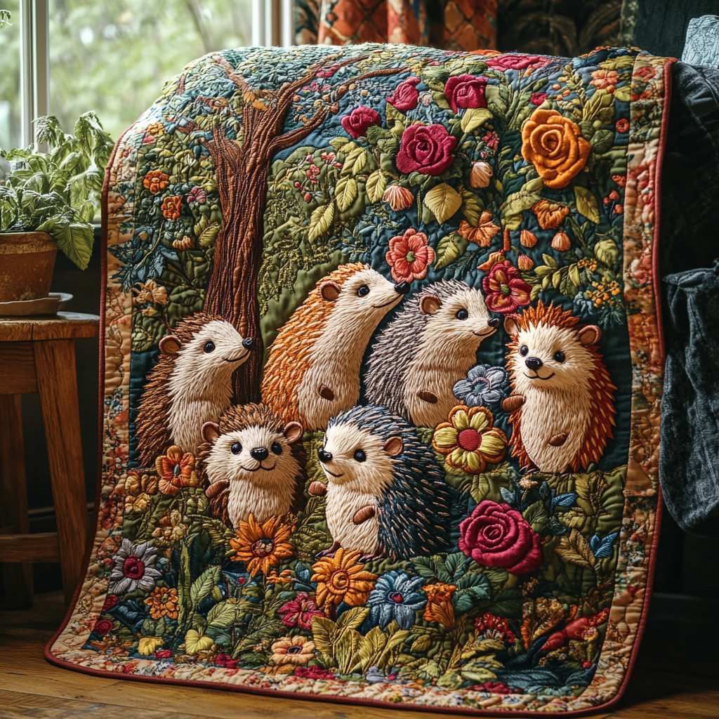 Forest Friend Quilted Blanket Cute Throw Blanket Gift For Hedgehog Owners - Bancroftclothings