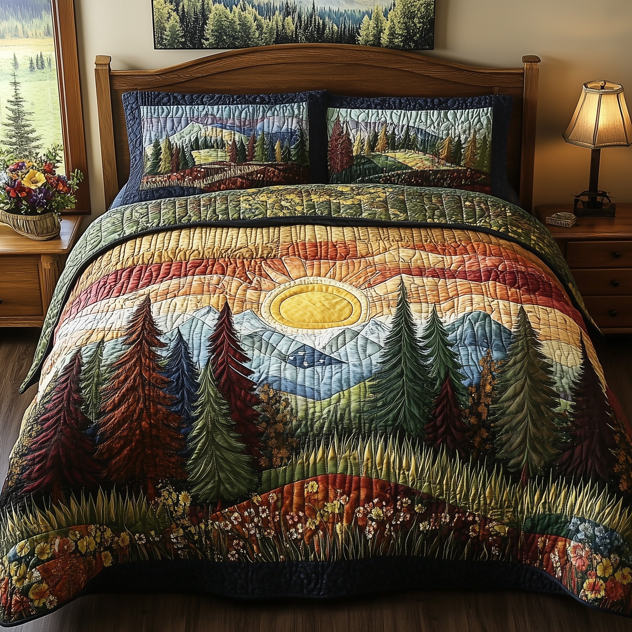 Forest Jou Quilted Bedding Set Pinecone Woodland Sunset Themed Bedding Gifts - Bancroftclothings