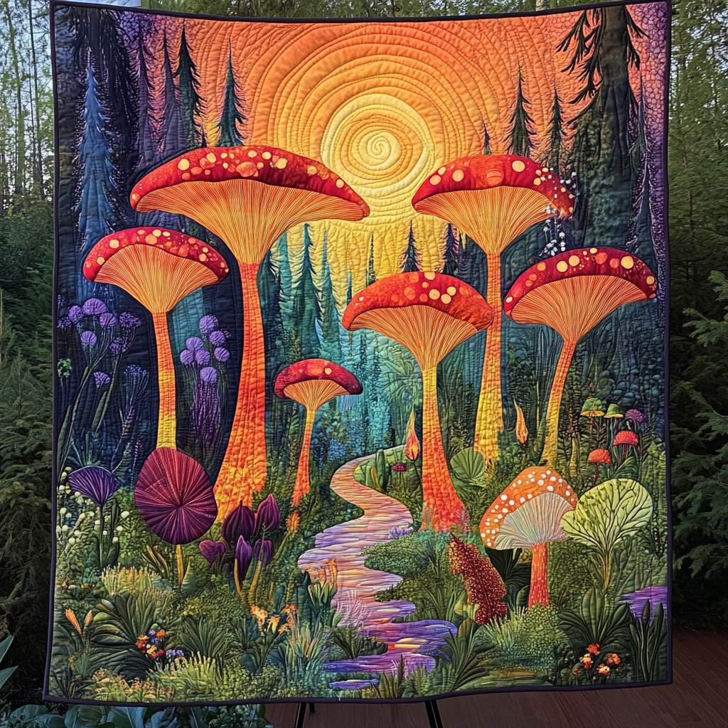Fungi Fantasy Quilted Blanket Cute Throw Blanket Gifts For Mushroom Hunters - Bancroftclothings
