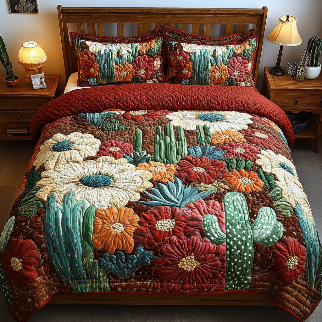 Desert Southwest Blooming Quilted Bedding Set Duvet Cover Bedspread Gifts For Cactus Lovers - Bancroftclothings