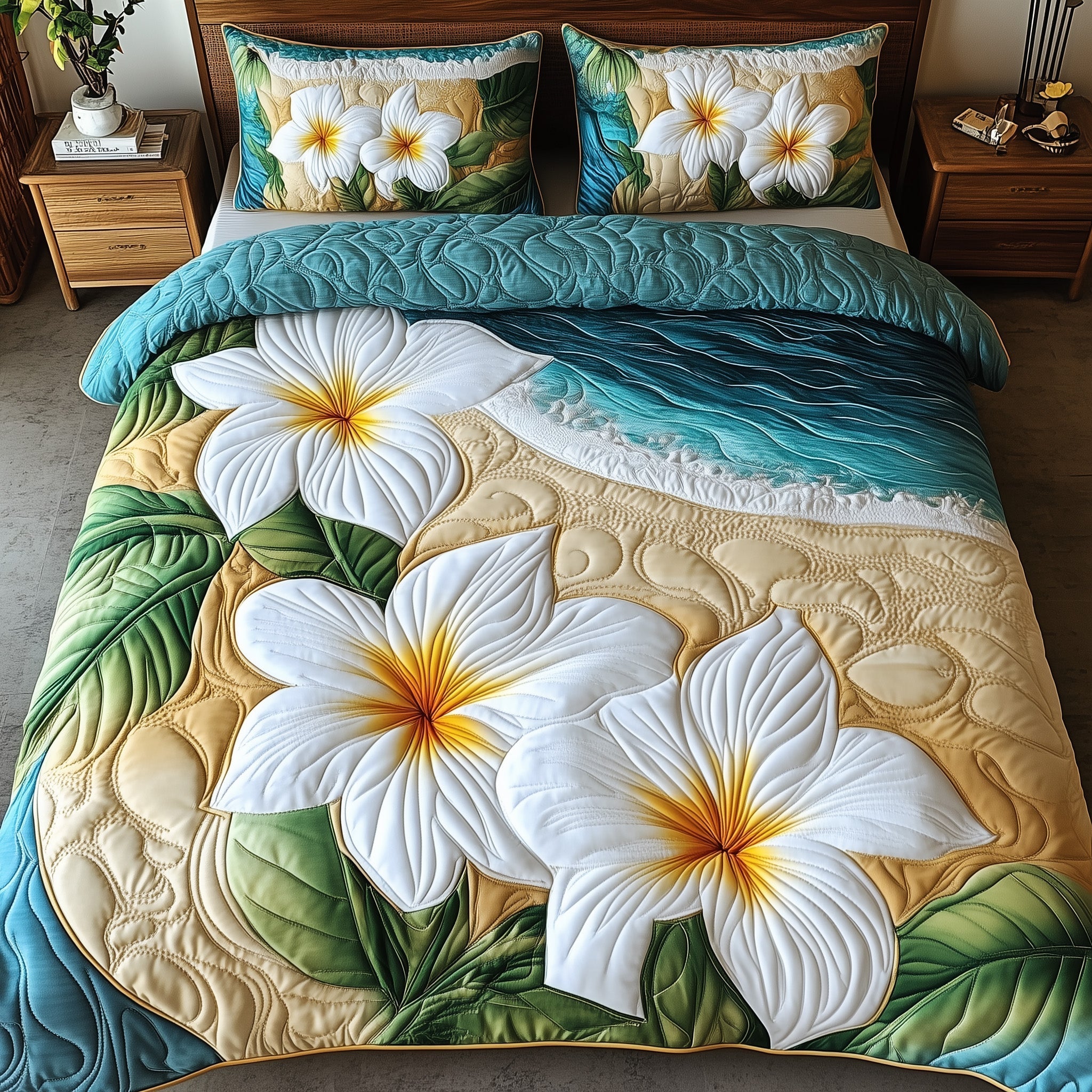 Island Plumera Paradise Quilted Bedding Set Duvet Cover Bedspread Cool Beach Gifts - Bancroftclothings
