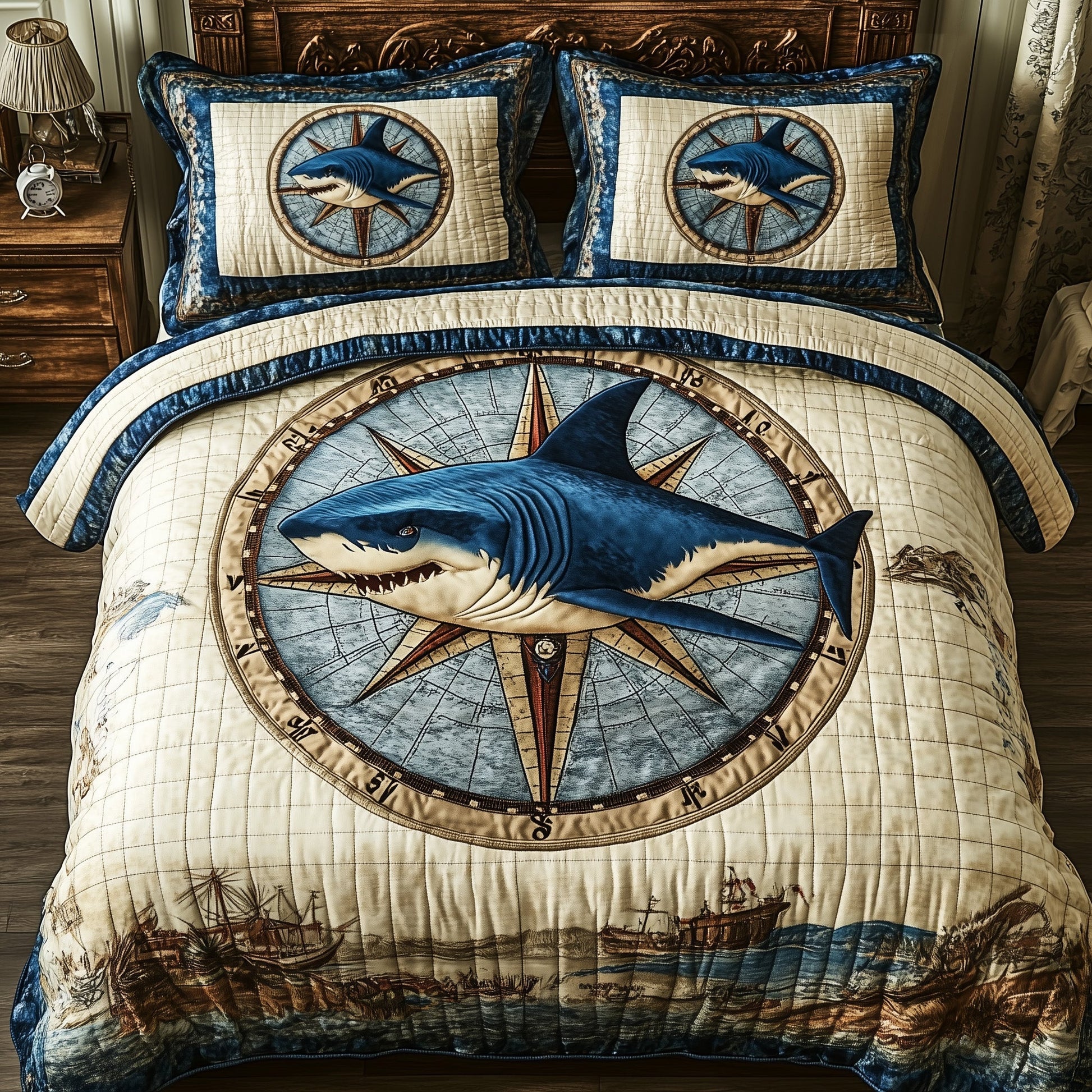 Ocean Hunter Quilted Bedding Set Duvet Cover Bedspread Shark Themed Gifts - Bancroftclothings