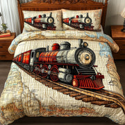 Railway Adventure Quilted Bedding Set Duvet Cover Bedspread Train Themed Presents - Bancroftclothings