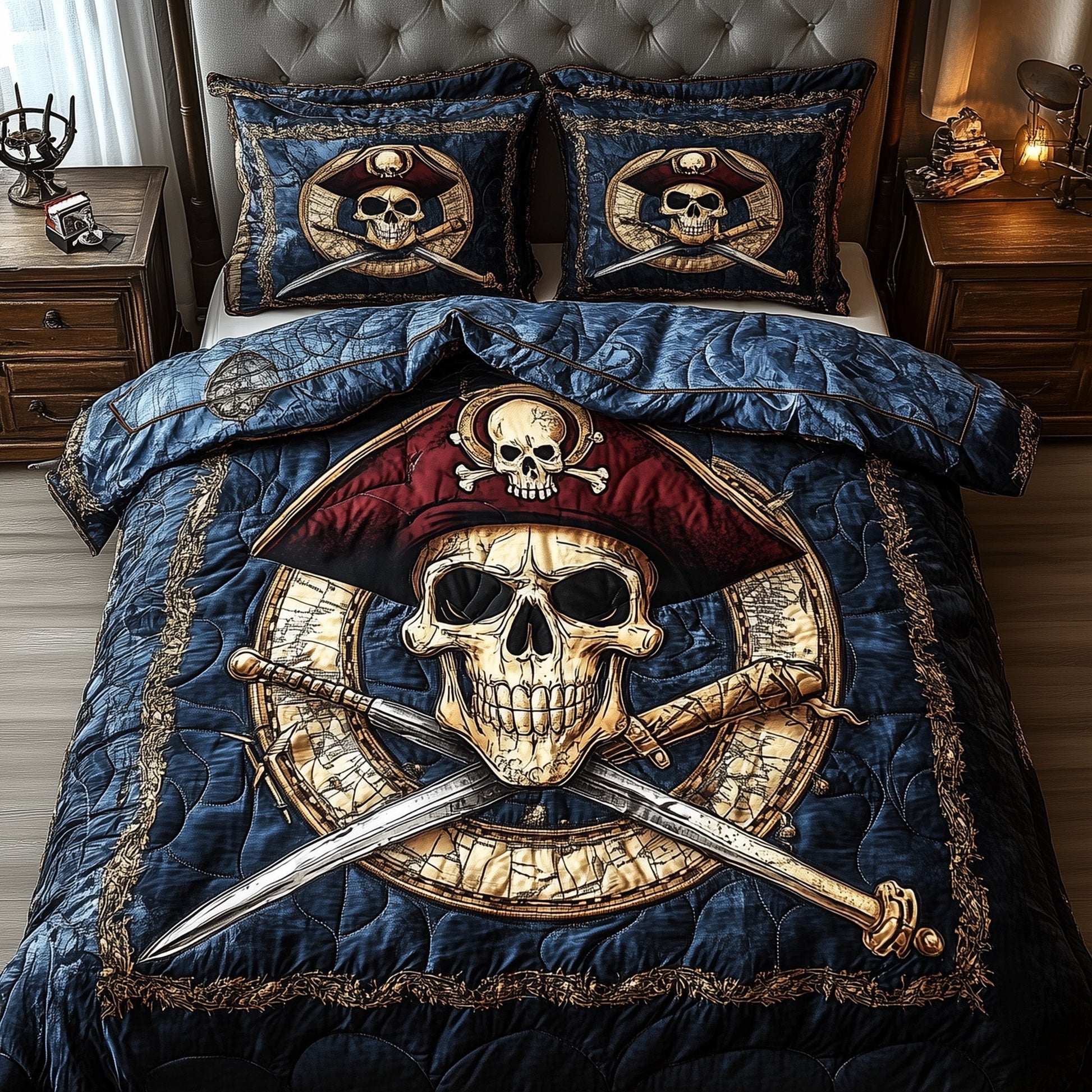 Skull Pirate Quilted Bedding Set Duvet Cover Bedspread Skull Presents For Her - Bancroftclothings