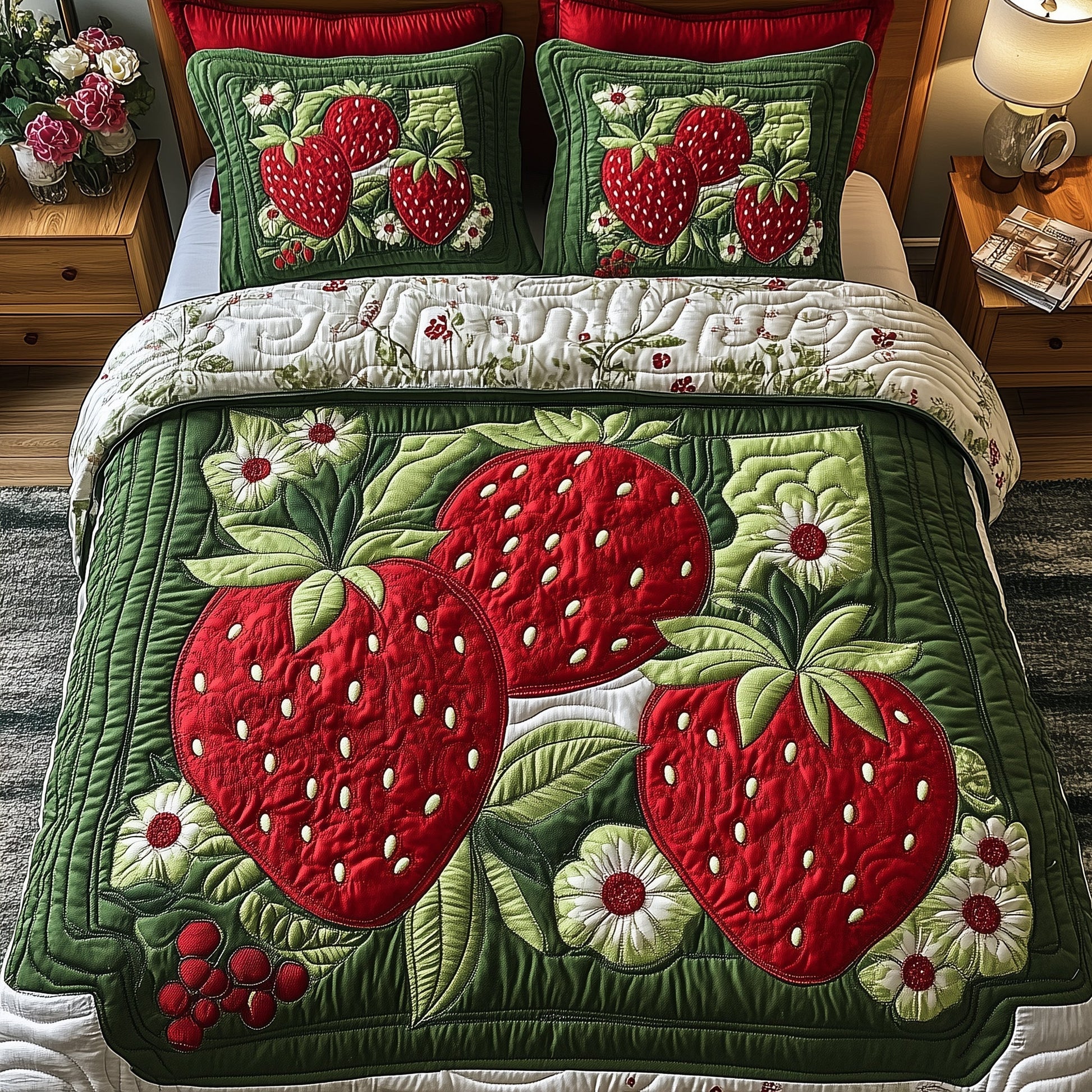 Strawberry Fields Quilted Bedding Set Duvet Cover Bedspread Best Gifts For Strawberry Lovers - Bancroftclothings