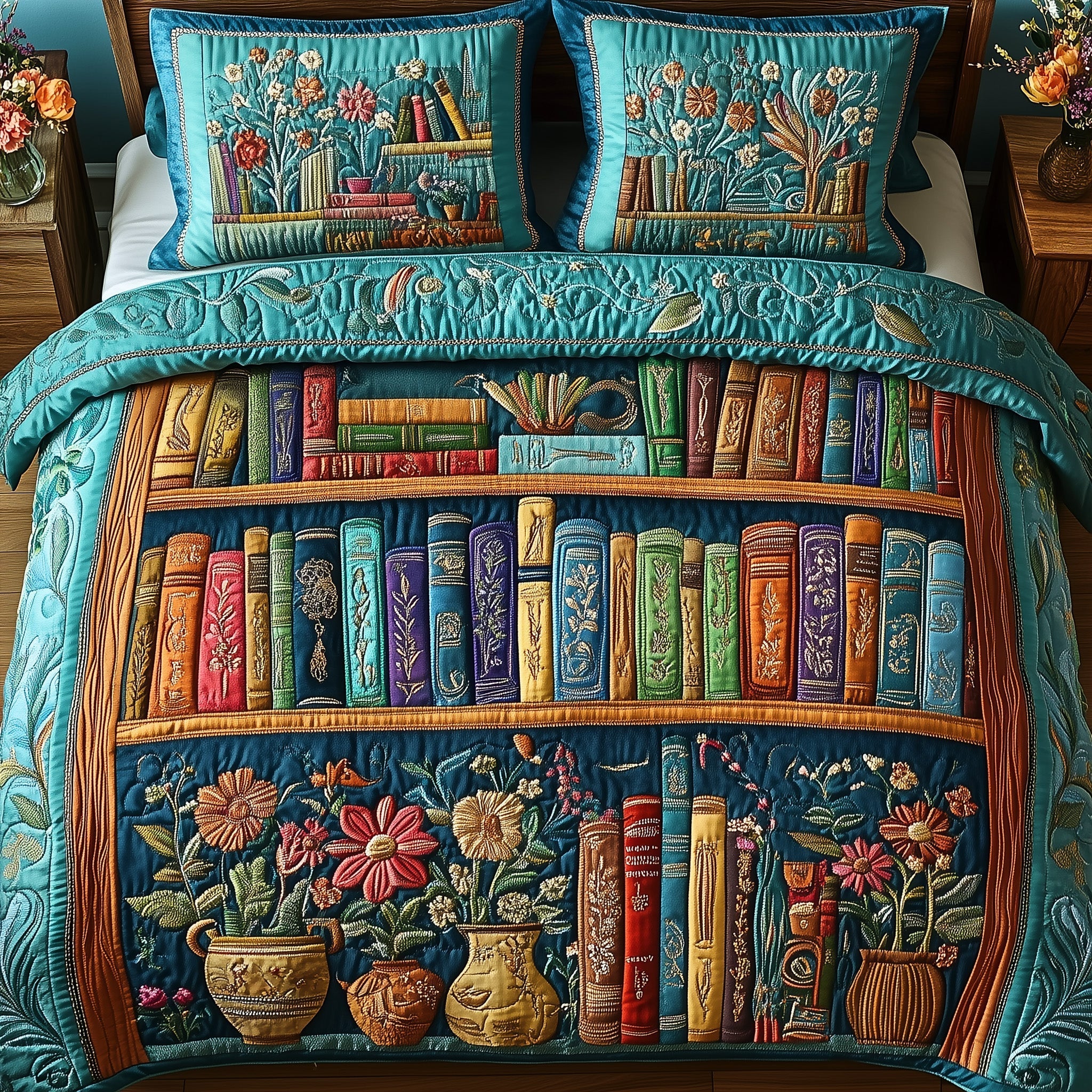 Cozy Library Quilted Bedding Set Duvet Cover Bedspread Gifts For Book Lovers Friends - Bancroftclothings
