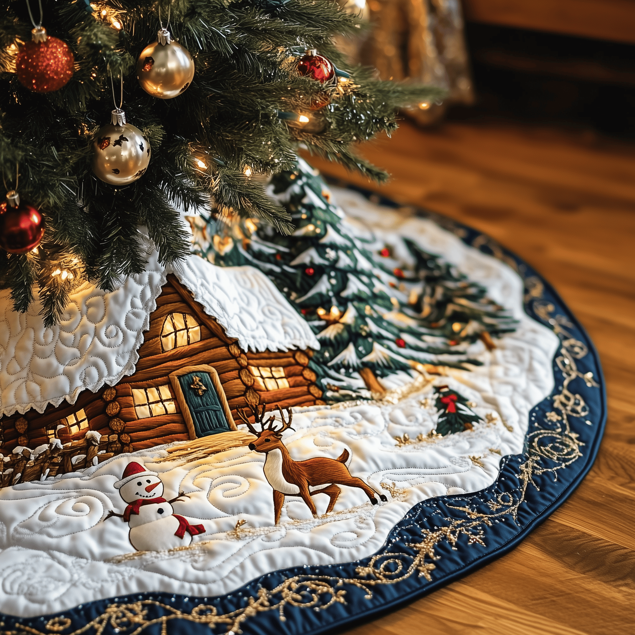 Vintage Snowy Cabin Quilted Tree Skirt Feel the Peace of the Holidays with a Thoughtful Tree Skirt - Bancroftclothings