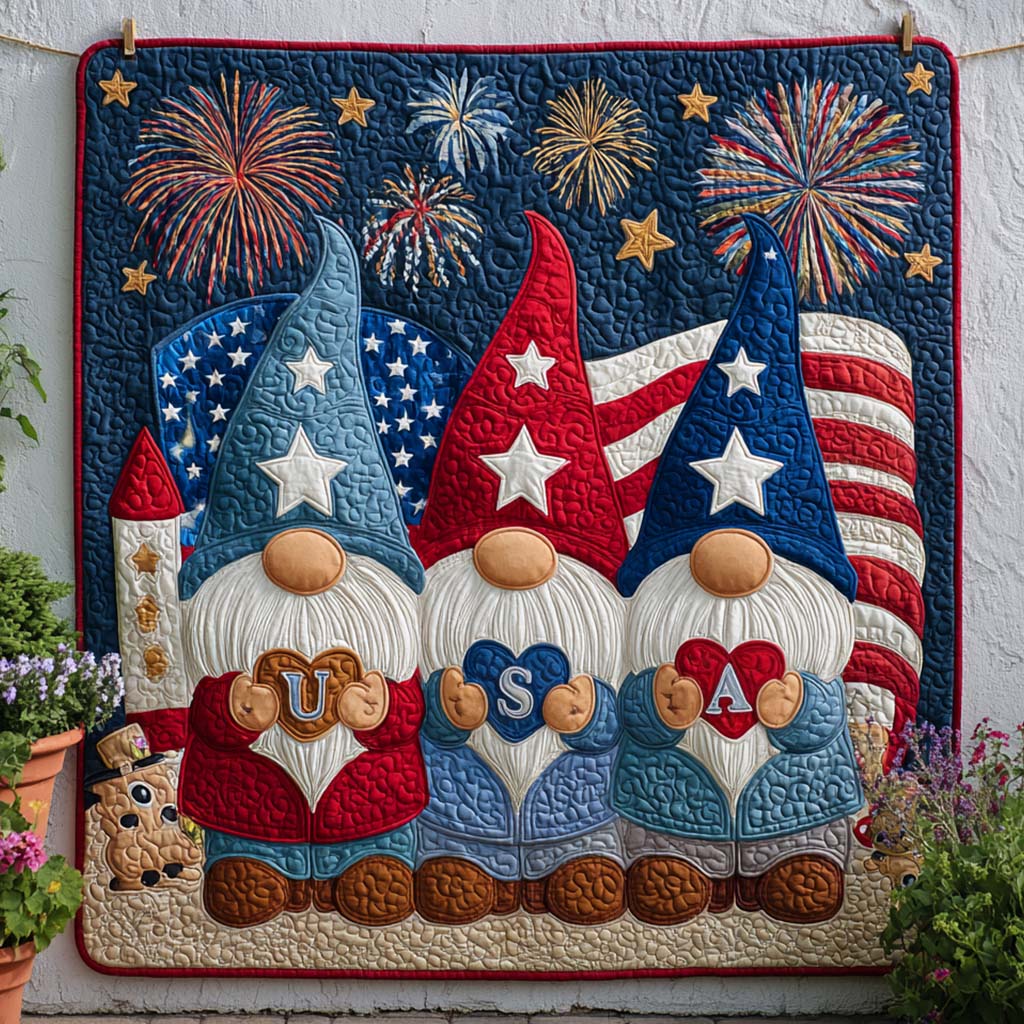 Gnome Firework Trio Quilted Blanket Christmas Room Decor Chicken Gifts For Him Her - Bancroftclothings