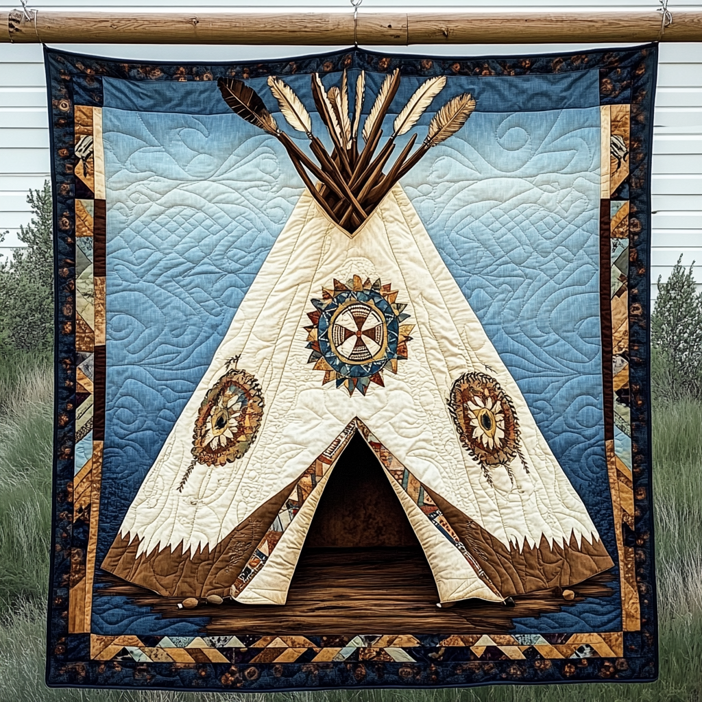 Golden Tipi Quilted Blanket Christmas Bedroom Decor Best Native American Gifts - Bancroftclothings