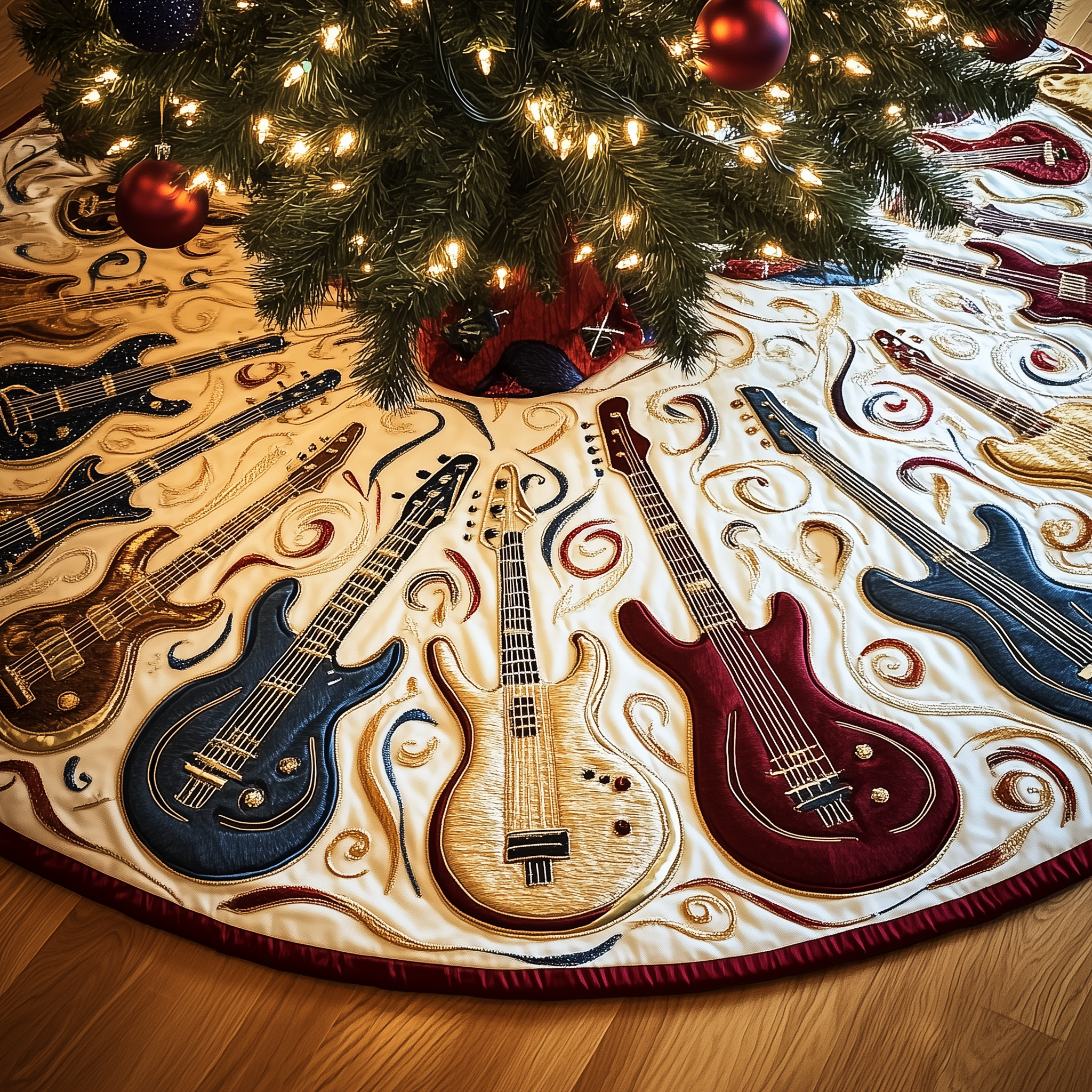 Guitar Bass Quilted Tree Skirt Xmas Tree Surround Decorations Best Guitar Themed Christmas Gifts - Bancroftclothings