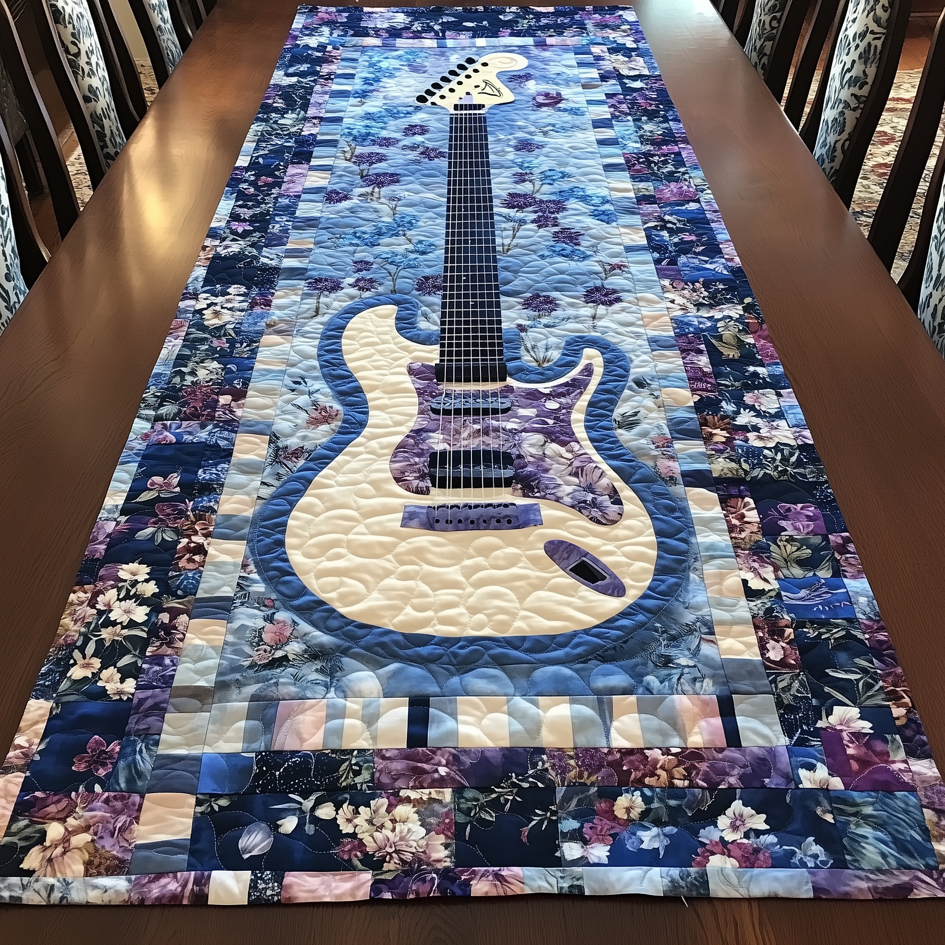 Guitar Blue Quilted Table Runner Best Christmas Xmas Gifts For Guitar Players - Bancroftclothings