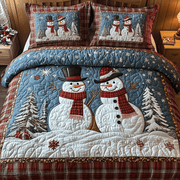 Happy Snowman Couple Quilted Bedding Set Best Stocking Stuffers For Men - Bancroftclothings