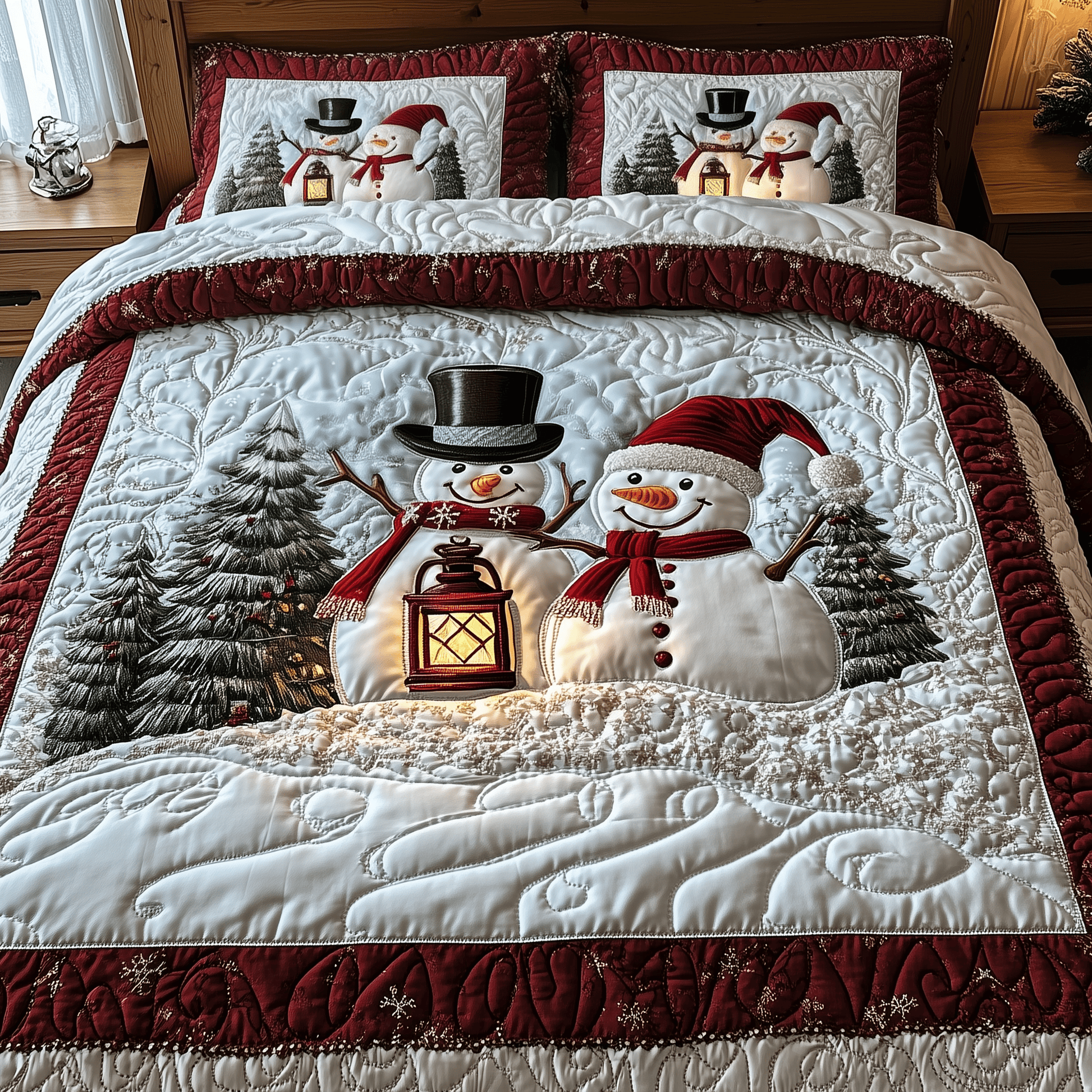 Happy Snowman Couple Quilted Bedding Set Stay warm this winter Christmas Presents For Wife - Bancroftclothings