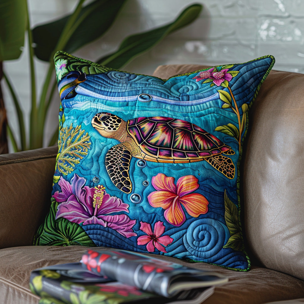 Hibiscus And Sea Turtle Quilted Pillowcase Animal Themed Trendy Home Decor Turtle Lover Gifts - Bancroftclothings