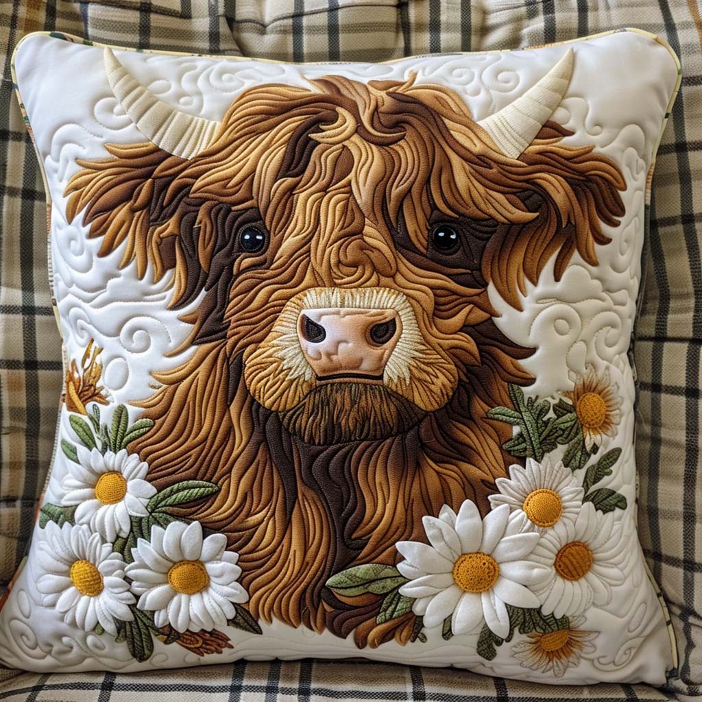 Highland Cow Daisy Delight Quilted Pillow Case Animal Home Decor Gifts For Cow Lovers - Bancroftclothings