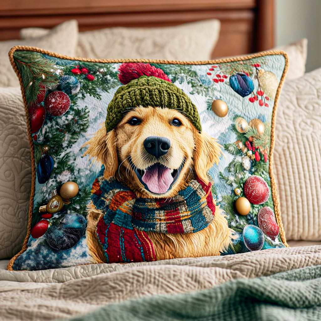 Holiday Golden Spirit Quilted Pillow Case Christmas Sofa Pillow Covers Best Golden Retriever Gifts - Bancroftclothings