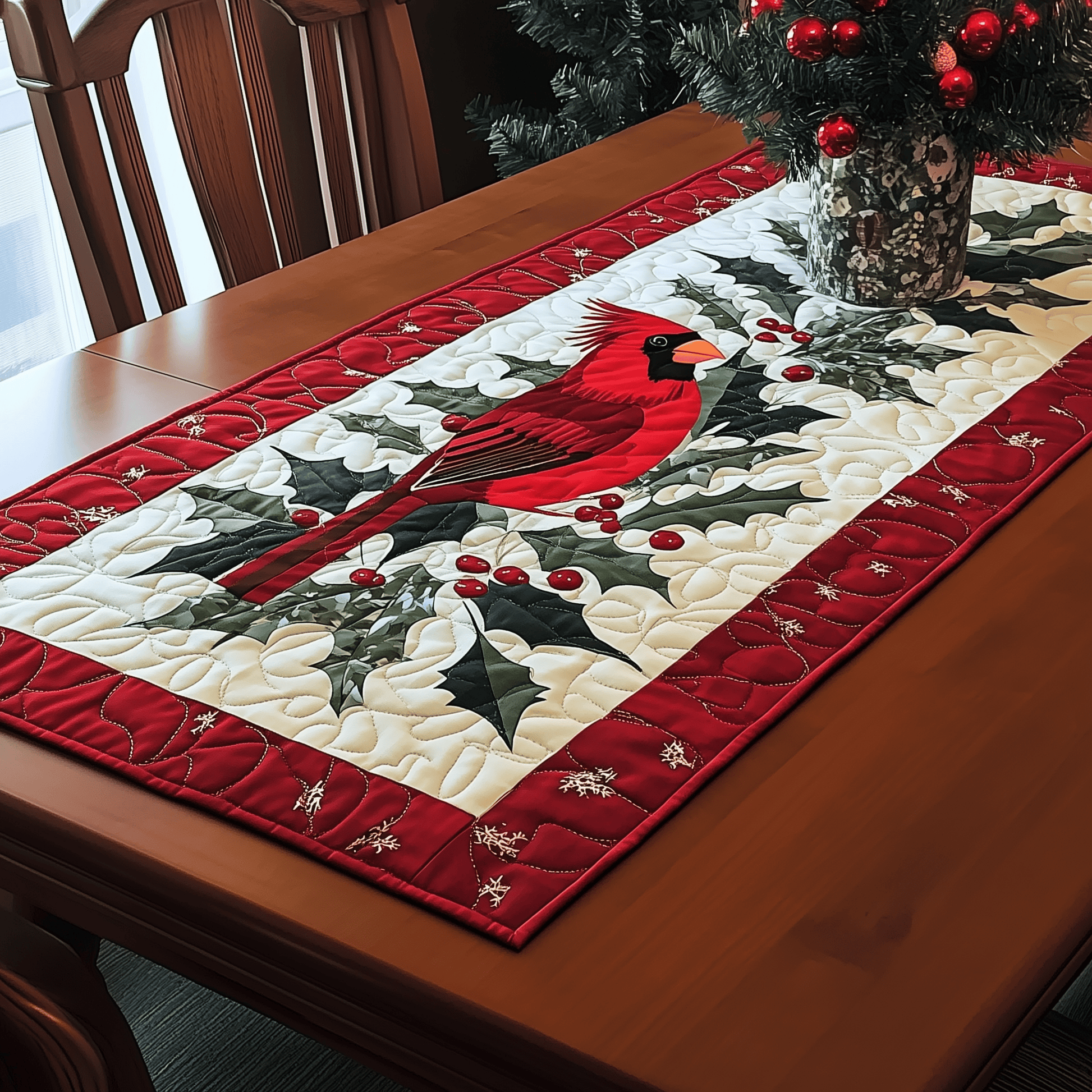 Holly Cardinal Quilted Table Runner Cute Modern Table Runner Items Cardinal Christmas Gift Ideas - Bancroftclothings