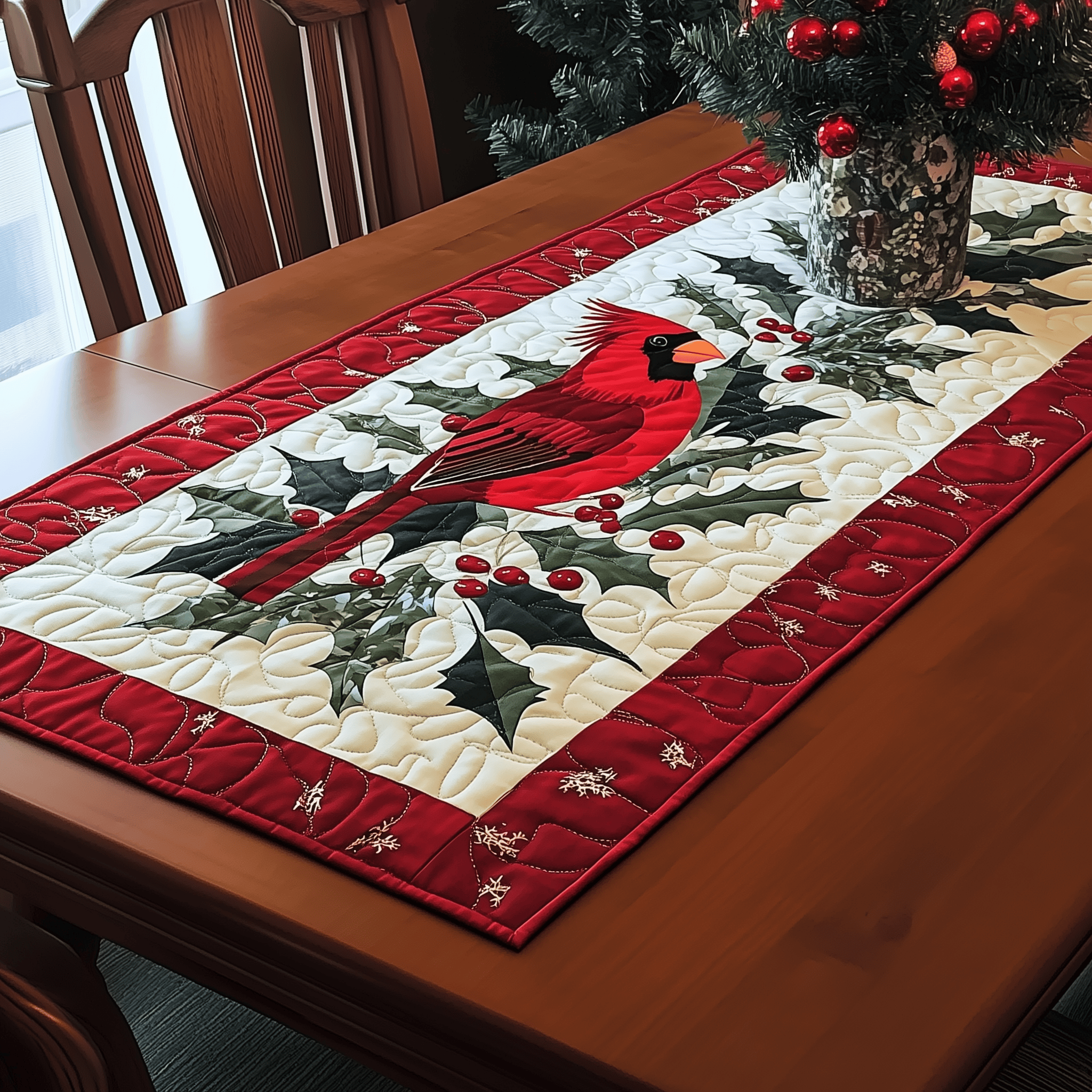 Holly Cardinal Quilted Table Runner Cute Modern Table Runner Items Cardinal Christmas Gift Ideas - Bancroftclothings