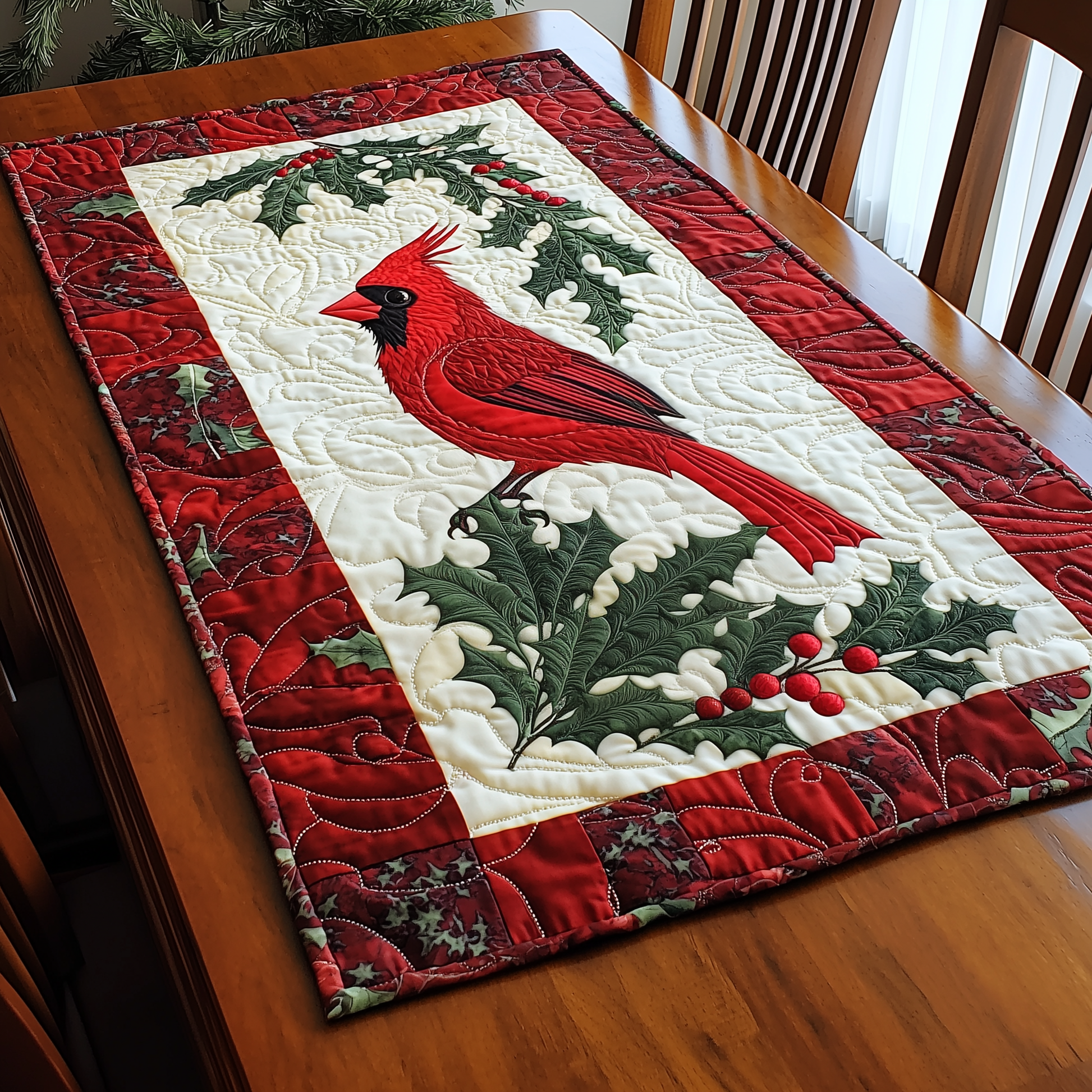 Holly Cardinal Quilted Table Runner Holiday Dining Table Runner Best Cardinal Themed Gifts - Bancroftclothings