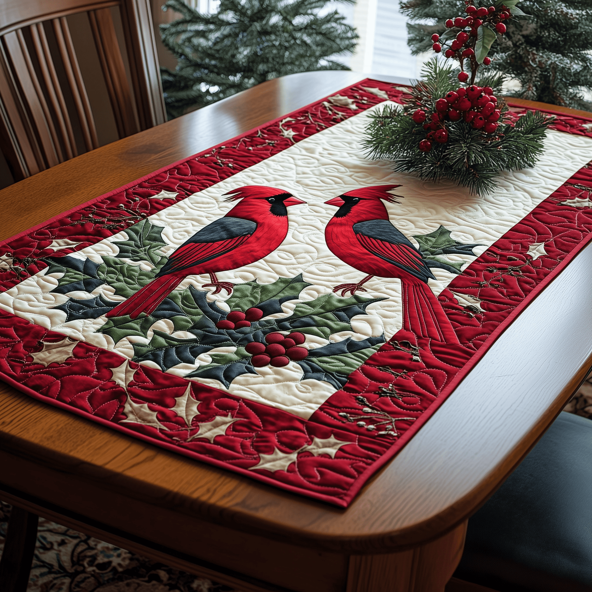 Holly Cardinal Quilted Table Runner Holiday Dining Table Runner Decorations Cardinal Themed Gifts - Bancroftclothings
